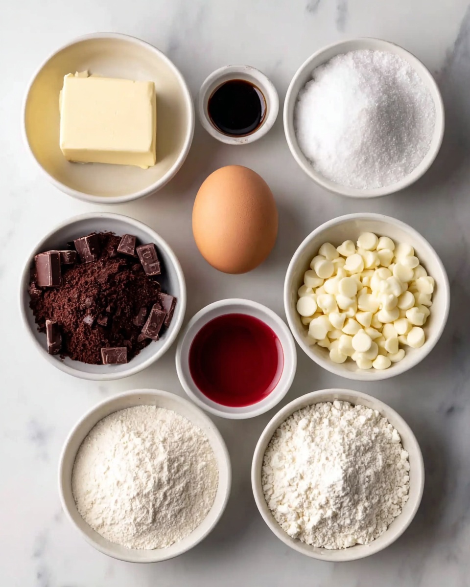 The image shows eight small white bowls and one brown egg, all placed on a white marbled surface. Starting from the top left, there is a bowl with a pale yellow block of butter, next to it on the right is the brown egg standing upright. To the right of the egg is a bowl filled with white granulated sugar. Below the butter, there is a bowl with dark brown cocoa powder mixed with chocolate chunks, and next to it on the right is a small bowl of dark liquid vanilla extract. Beneath the vanilla, there is a smaller bowl with red liquid, possibly cherry or red wine vinegar. Below the cocoa powder bowl is a white bowl filled with white chocolate chips. To the right of the red liquid is a bowl filled with white flour, and next to the sugar bowl is another bowl filled with white salt grains. All items are neatly arranged and evenly spaced in a grid pattern, photo taken with an iphone --ar 4:5 --v 7