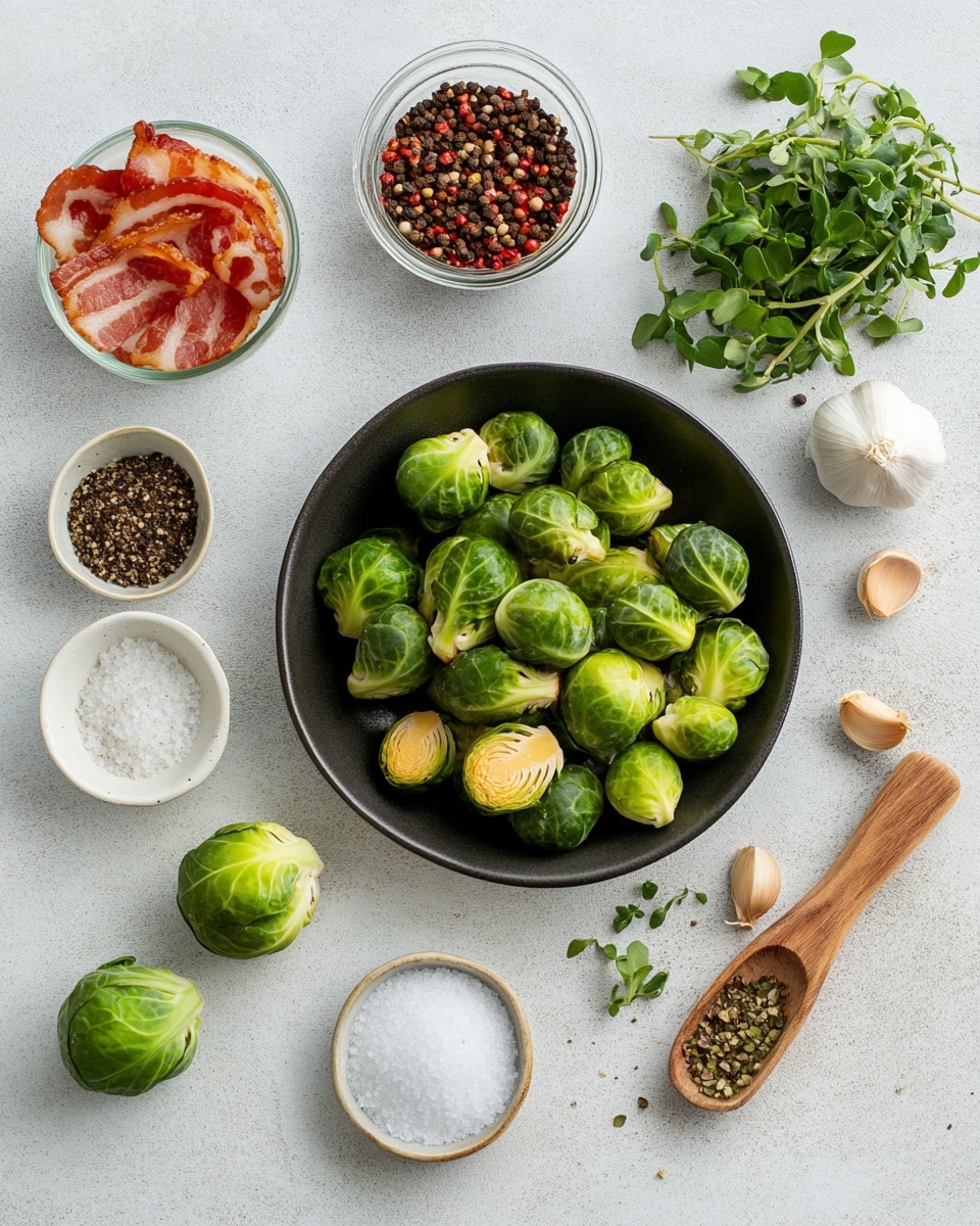 A white skillet filled with two layers of cooked brussels sprouts and small pieces of bacon. The bottom layer consists of vibrant green brussels sprouts, some cut in half, showing their tender and bright yellow-green inside with a slight browning on the edges. The top layer is scattered with crispy, reddish-brown bacon bits, adding texture and color contrast. The skillet sits on a white marbled surface, with the handle slightly visible on the right side. The lighting highlights the glossy texture of the cooked sprouts and the crispiness of the bacon. photo taken with an iphone --ar 4:5 --v 7