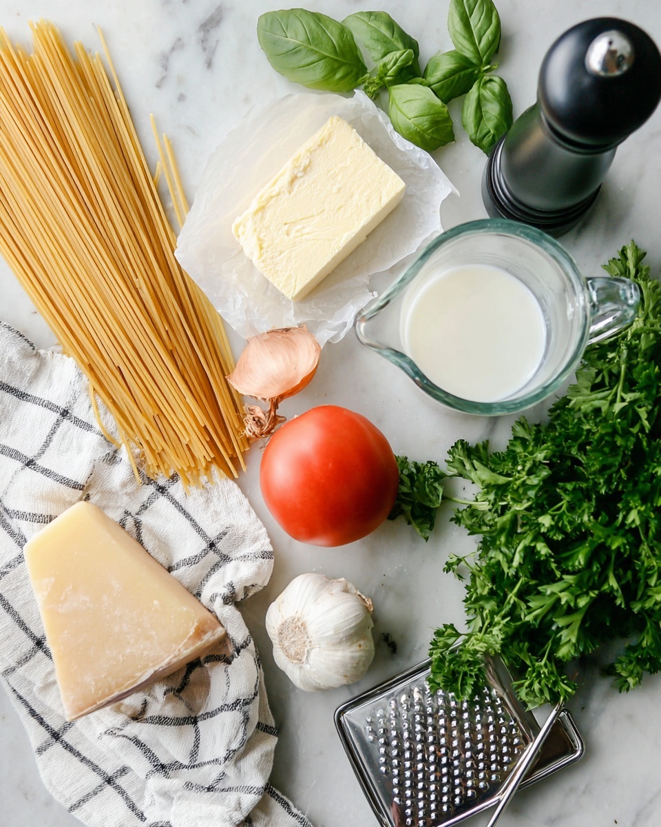 The image shows a close-up of creamy fettuccine pasta in a shallow silver pan. The pasta is light cream-colored with a smooth, slightly shiny texture, and it is twirled around a silver fork held above the pan. Small green parsley pieces are sprinkled on top, adding color contrast. The fettuccine strands are thick and layered densely in the pan. The pan rests on a white marbled surface with a striped cloth napkin nearby. The background is softly lit and mostly white, giving a fresh and clean look to the scene. photo taken with an iphone --ar 4:5 --v 7