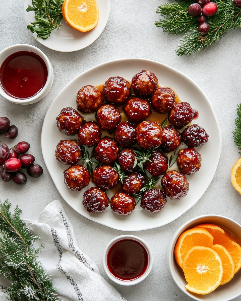 A white bowl filled with many small, round meatballs covered in a shiny dark red sauce, sprinkled with small green herb pieces. Three silver forks are stuck into different meatballs, adding a metallic contrast. The meatballs are glossy and smooth, closely packed together, and garnished with fresh parsley leaves. The bowl sits against a white marbled surface. photo taken with an iphone --ar 4:5 --v 7