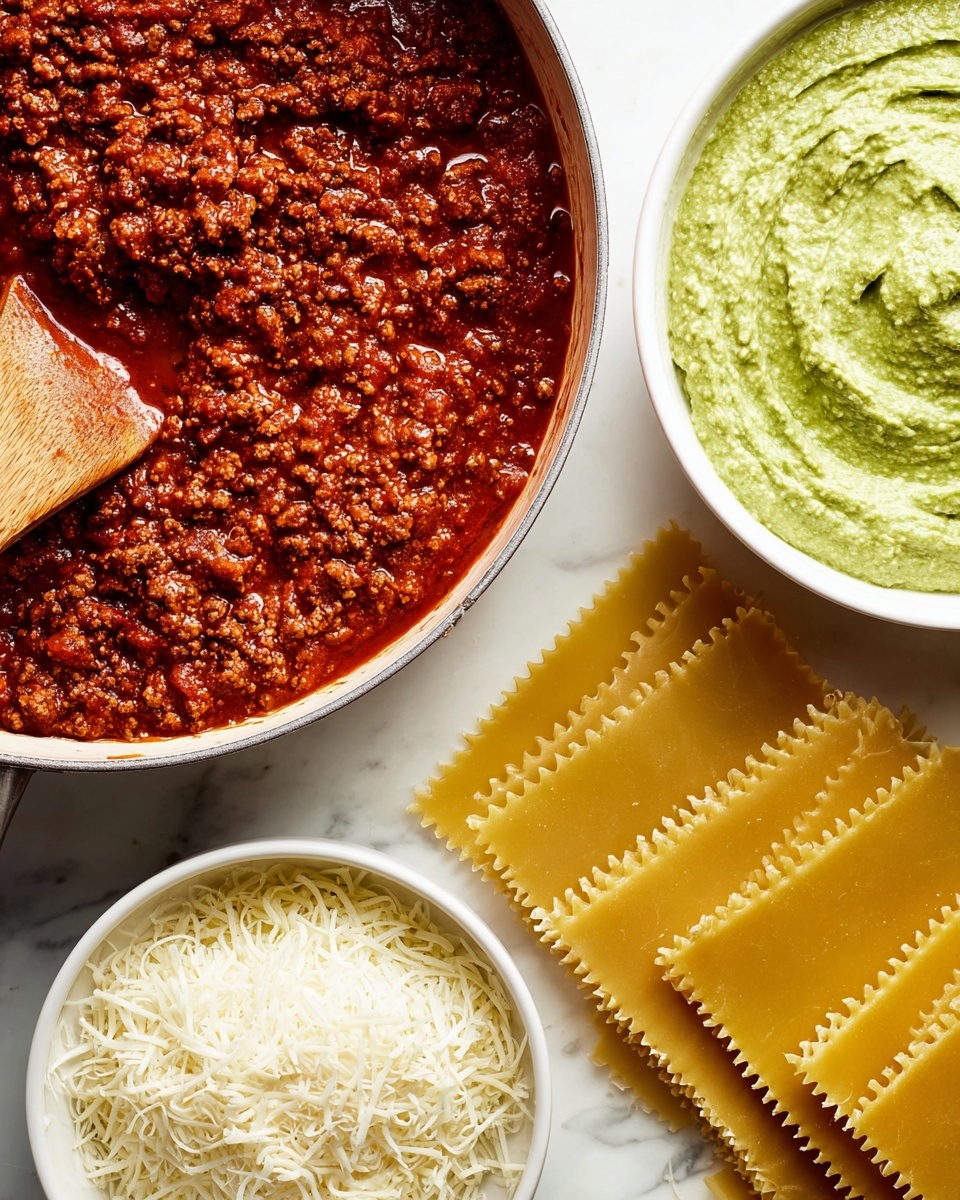 There is one large white pan on the left filled with rich, red meat sauce textured with small pieces and a wooden spoon resting inside it. To the right, there are two white bowls; the top bowl contains a smooth, light green creamy mixture, and the bottom bowl is filled with finely shredded white cheese. In the center bottom, five wide, uncooked yellow lasagna noodles with ruffled edges are laid out on a white marbled surface. Photo taken with an iphone --ar 4:5 --v 7