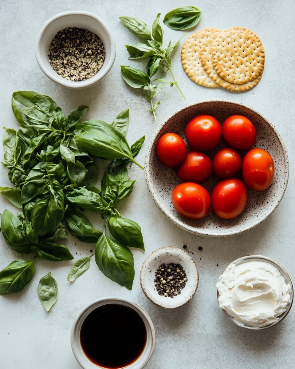 A white bowl with blue zigzag trim holds a dish with two layers: the bottom layer is a creamy white spread, smooth in texture, and the top layer is a heap of bright red diced tomatoes mixed with chopped green herbs. The tomato layer is drizzled with a thick dark balsamic glaze and decorated with fresh green basil leaves. Around the bowl, there are toasted round bread slices, some resting on a white marbled surface with a yellow and white striped cloth nearby. Two glasses filled with sparkling water are also visible near the bowl. Photo taken with an iphone --ar 4:5 --v 7