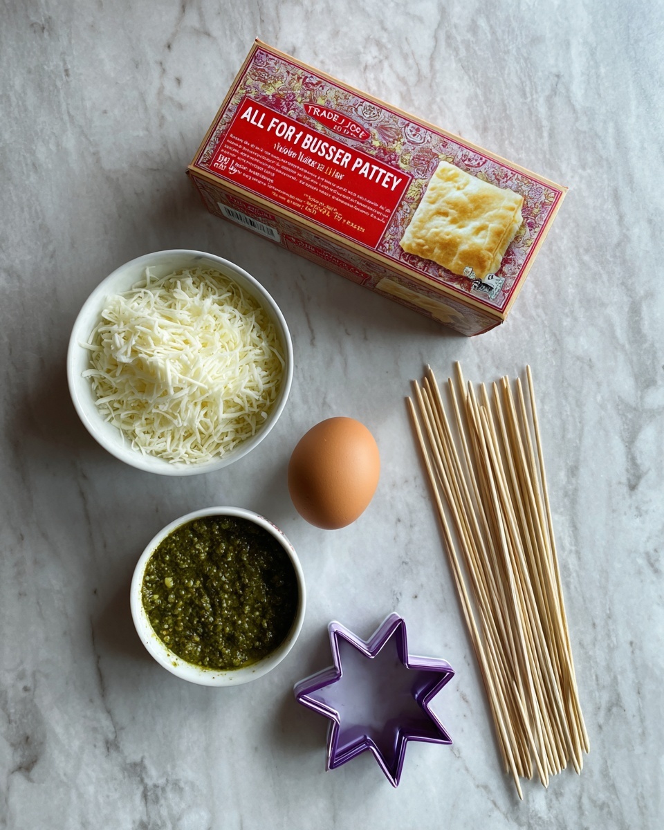 The image shows ingredients for cooking on a white marbled surface: a red box of Trader Joe's All Butter Puff Pastry at the top, a small white bowl filled with shredded white cheese on the left, a single brown egg and a small white bowl with green pesto below the cheese bowl, a set of thin wooden skewers on the right, and a purple and silver star-shaped cookie cutter placed between the skewers and bowls, all arranged neatly. photo taken with an iphone --ar 4:5 --v 7