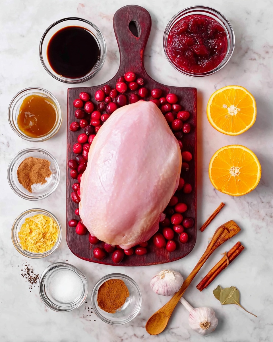 A large raw piece of light pink turkey placed in the middle of a dark wooden cutting board, surrounded by bright red cranberries. Above the board are small clear glass bowls with dark soy sauce, deep red cranberry sauce, and light brown brown sugar. Two halves of a fresh bright orange are placed on the white marbled surface, one on each side of the board. Below the board are additional small clear bowls containing cinnamon powder, orange zest, and a light golden liquid, along with a wooden spoon holding black pepper and salt. Thin cinnamon sticks and a whole garlic bulb add to the arrangement, set on the white marbled surface. Photo taken with an iphone --ar 4:5 --v 7