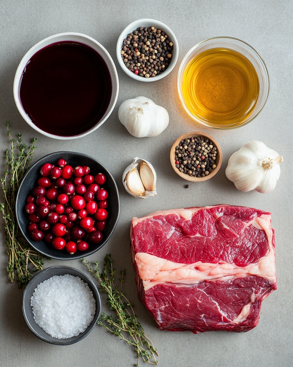 A dark cast iron pan holds two large pieces of cooked steak, one whole piece placed on top and one sliced piece beneath it showing pink inside. Both steaks have a slightly charred, dark brown crust on the outside. Surrounding and covering the steaks is a glossy, dark reddish sauce with whole bright red cranberries and small green sprigs of thyme scattered across the meat and sauce. The mix of glistening sauce and garnishes gives a rich, moist look to the dish. The pan sits on a white marbled surface. photo taken with an iphone --ar 4:5 --v 7