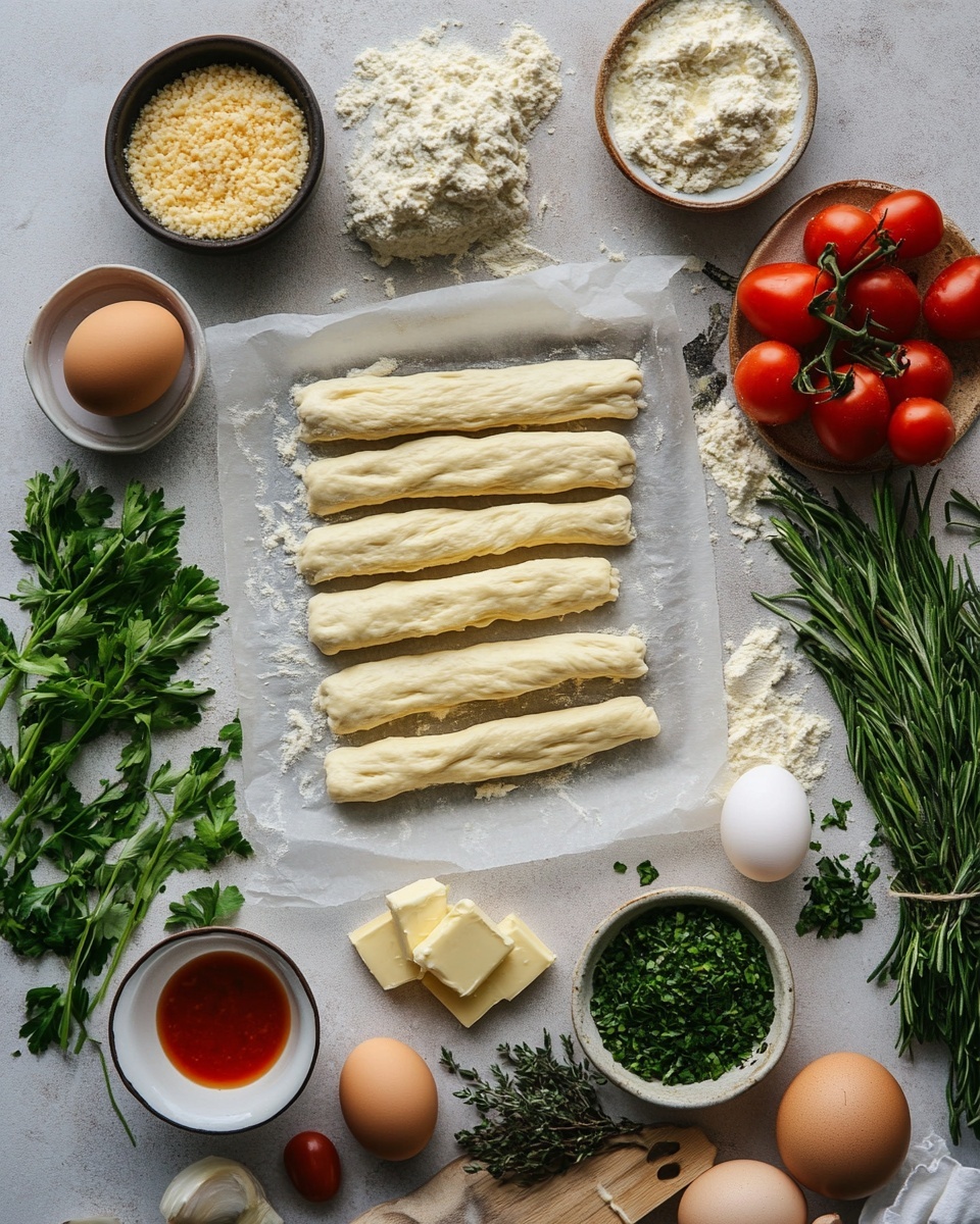 The image shows a Christmas tree shaped bread made of small round golden-brown rolls tightly placed together in rows forming the tree shape, each roll with a slightly shiny surface and sprinkled with green herbs and grated cheese. The tree has five rows, with the bottom row having five rolls and the top row having one, and a small round piece at the base acting like the tree trunk. The bread sits on a wooden board. Nearby, there is a white bowl filled with red sauce and a spoon slightly dipped in the sauce. A red and white striped towel and a sprig of rosemary are also placed around the bread. Photo taken with an iphone --ar 4:5 --v 7
