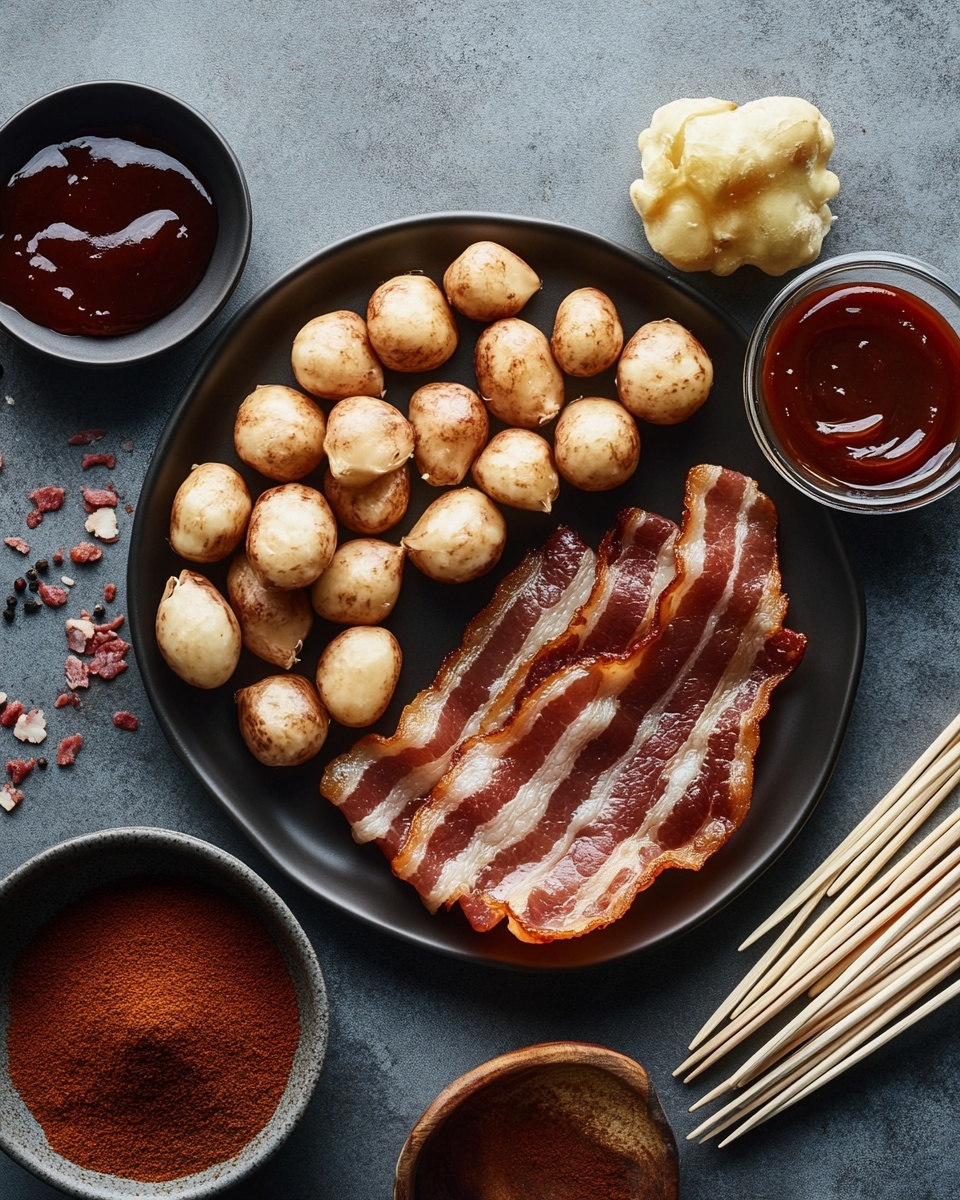 The image shows several small, round pieces wrapped in crispy browned bacon, each secured with a short toothpick. The bacon is cooked to a shiny, reddish-brown color with some darker, almost blackened spots at the edges giving a slightly charred effect. The wrapped pieces inside appear juicy and pale, contrasting with the glossy, textured bacon outside. They are laid closely together on a baking tray that has dark burnt marks and grease stains, all set against a white marbled surface in the background. Photo taken with an iphone --ar 4:5 --v 7