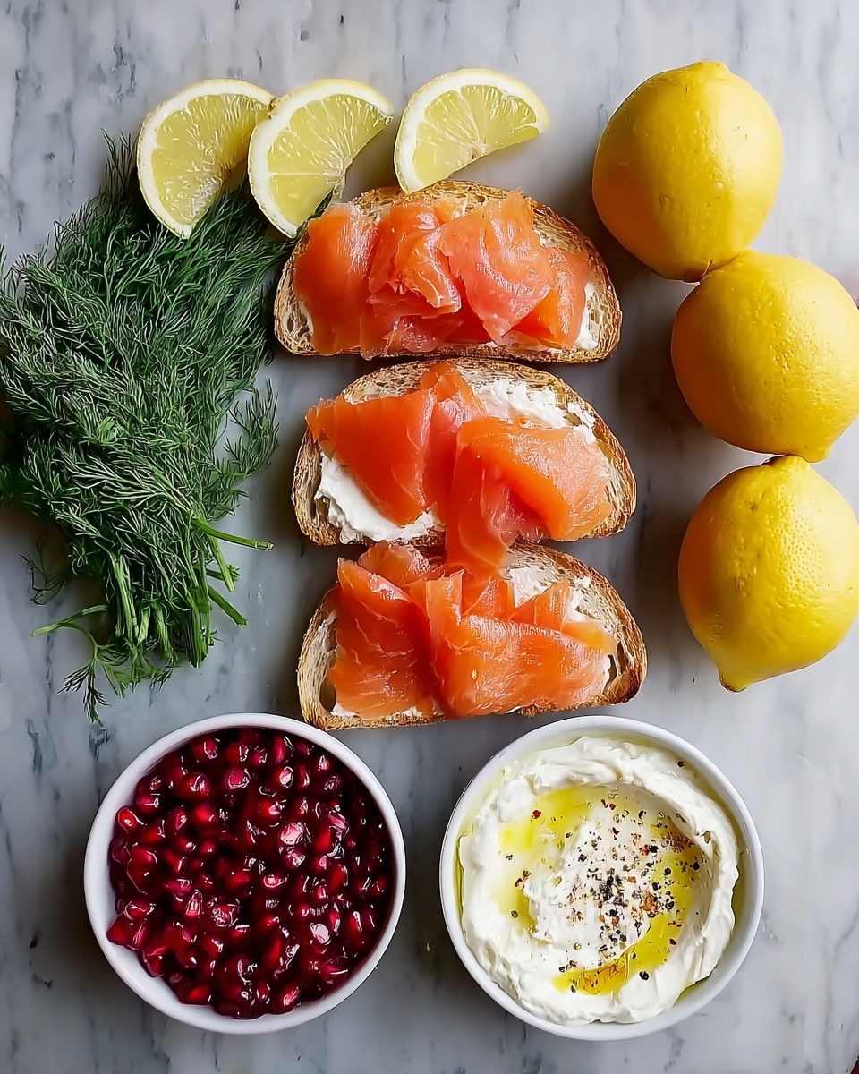 The image shows three pieces of white bread topped with thin, bright orange salmon slices placed on a white marbled surface. To the left of the bread is a small bunch of fresh green dill. Above the bread are three lemon wedges with a pale yellow color. To the right side, there are two whole lemons with smooth yellow skin. Next to the lemons, there is a small white bowl filled with bright red pomegranate seeds. Below that, another small white bowl holds a creamy white spread sprinkled with black pepper and drizzled lightly with golden oil. photo taken with an iphone --ar 4:5 --v 7