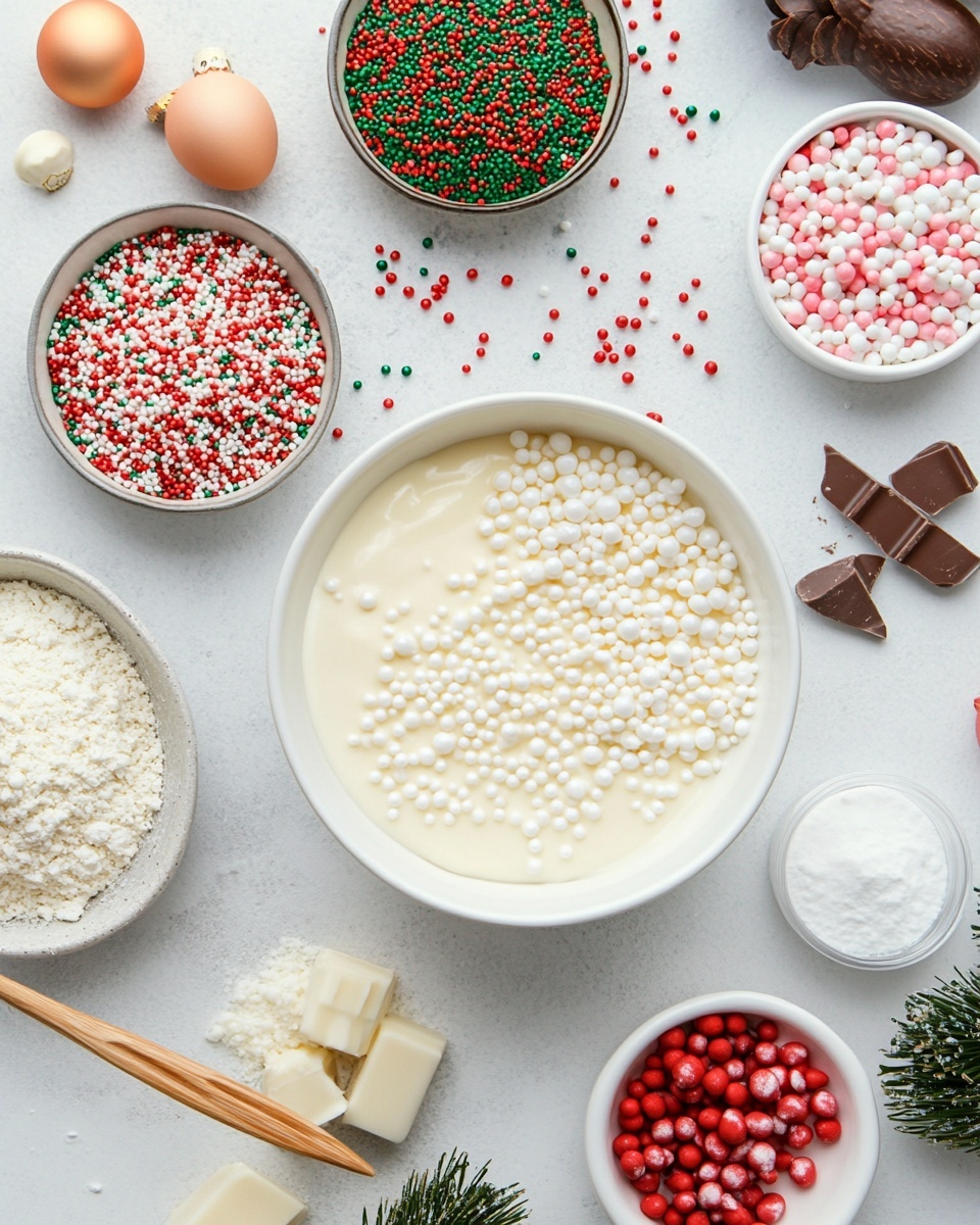 The image shows a white oval plate on a white marbled surface filled with round white balls covered in smooth white icing. Each ball is decorated with thin, curved red stripes wrapped around them and small green sugar sprinkles scattered on top. The balls look soft and uniform in size, arranged close together on the plate. Part of a white box with red and green holiday designs is visible at the bottom left corner. Photo taken with an iphone --ar 4:5 --v 7