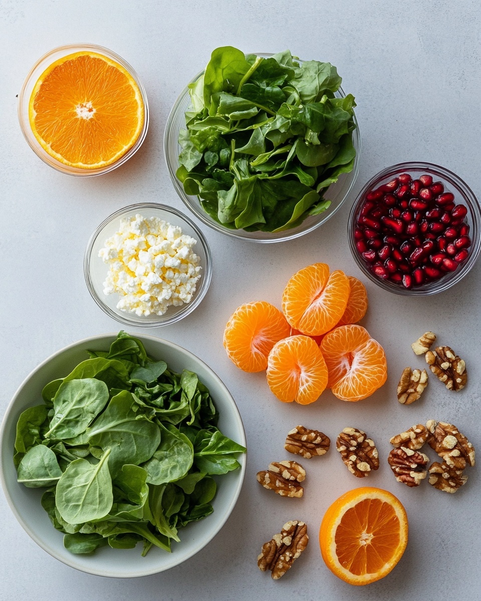 A fresh salad with a base layer of mixed green leafy vegetables in different shades of green and purple. On top, there are bright orange slices of mandarin scattered evenly, along with shiny deep red pomegranate seeds adding sparkle. Small white chunks of crumbled cheese are sprinkled evenly across the salad. There are also golden brown roasted nuts spread throughout, giving a crunchy texture. The salad is served in a round white plate placed on a bright red cloth with a green and white ribbon nearby. Part of a white plate with oranges and golden utensils can be seen on a white marbled surface in the background. Photo taken with an iphone --ar 4:5 --v 7