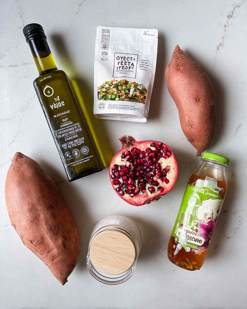 This image shows six cooking ingredients arranged on a white marbled surface: a tall green glass bottle of avocado oil with a black cap on the left side; above it is a white packet of Violife just like feta cheese alternative with a picture of a salad on the label; next to the cheese is a whole reddish-brown sweet potato; in the center is half of a pomegranate showing dark red seeds; below the pomegranate is a small glass jar with a wooden lid labeled kosher salt; finally on the right bottom side are another reddish-brown sweet potato and a plastic bottle of organic honey with a green cap and floral graphics on its label photo taken with an iphone --ar 4:5 --v 7