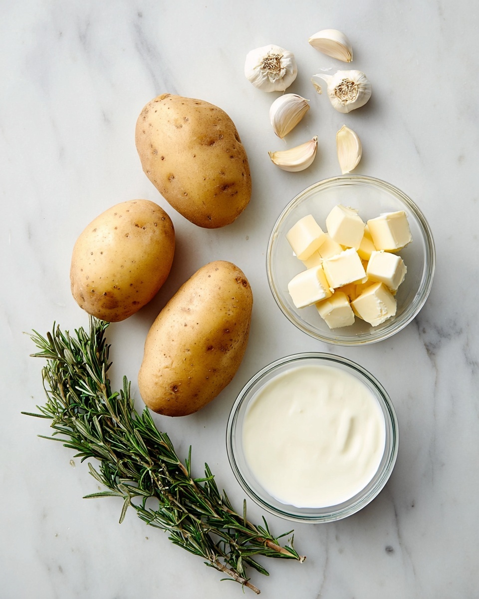 Three whole brown potatoes with small eyes are placed on a white marbled surface. Near the potatoes, there are three peeled garlic cloves, two fresh green rosemary sprigs, and a small clear glass bowl holding several small cubes of butter. To the right of the butter, there is a round clear glass bowl filled with white cream. The ingredients are spaced out evenly on the white marbled background, showing natural colors and textures of each item. photo taken with an iphone --ar 4:5 --v 7