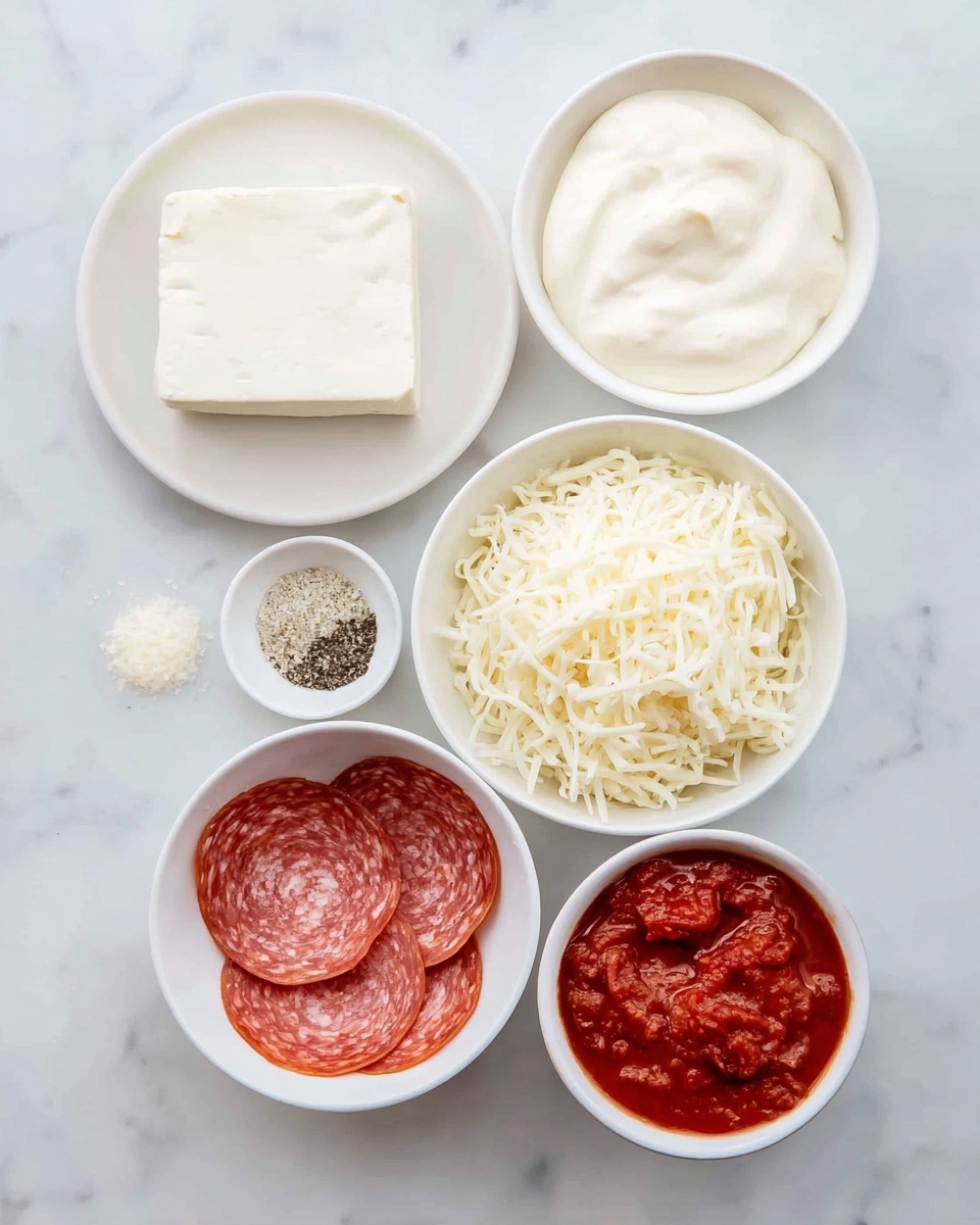 The image shows six white bowls and plates arranged neatly on a white marbled surface. Starting from the top left, there is a white plate with a block of white soft cheese that has a smooth texture. To the right of it is a white bowl with a thick, creamy white sauce that looks smooth and slightly swirled. Below these, there is a small white bowl containing a mix of white granules and dark ground pepper. Next to it, there is a larger white bowl filled with shredded white cheese, showing thin, curly strands that look light and fluffy. Below, a white bowl contains several slices of pepperoni with a reddish color and a pattern of white fat spots. Lastly, a white bowl to the right holds red tomato sauce with visible chunks and herbs. The setup is simple, clean, and arranged symmetrically. photo taken with an iphone --ar 4:5 --v 7