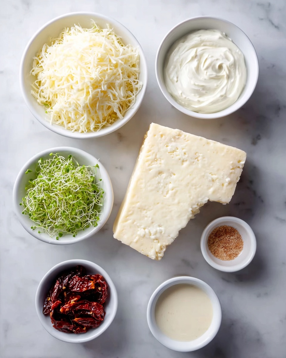 The image shows six white bowls and a large thick slab of pale yellow cheese arranged on a white marbled surface. At the top left, there is a bowl full of shredded white cheese, fluffy with fine strands. To its right, a bowl contains smooth, creamy white sour cream with soft swirls on top. Below the shredded cheese bowl, a small bowl holds light brown granulated seasoning, and next to it on the left is another small bowl with bright green fresh sprouts. At the bottom middle, there is a small bowl filled with a creamy white liquid sauce. To the right side, a white bowl contains dark red dried tomato slices with some visible red pepper flakes on top. The large slab of cheese sits centrally, showing a slightly crumbly texture with soft off-white color, placed between the bowls. The whole setup is neat and clean on the white marbled background. photo taken with an iphone --ar 4:5 --v 7