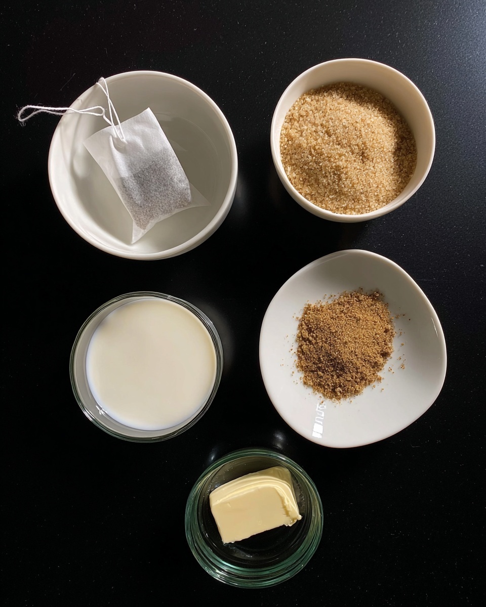 The image shows five containers arranged on a black surface. At the top left, there is a white bowl holding a tea bag with a white string. To the right of it, another white bowl contains a pile of brown sugar granules. Below these, in the center, is a white shallow dish with a small heap of brown ground spice. At the bottom left, there is a clear glass cup filled with white milk. To the right of the cup, a small clear greenish glass holds a dollop of pale yellow butter. The whole setup is simple and organized. Photo taken with an iphone --ar 4:5 --v 7