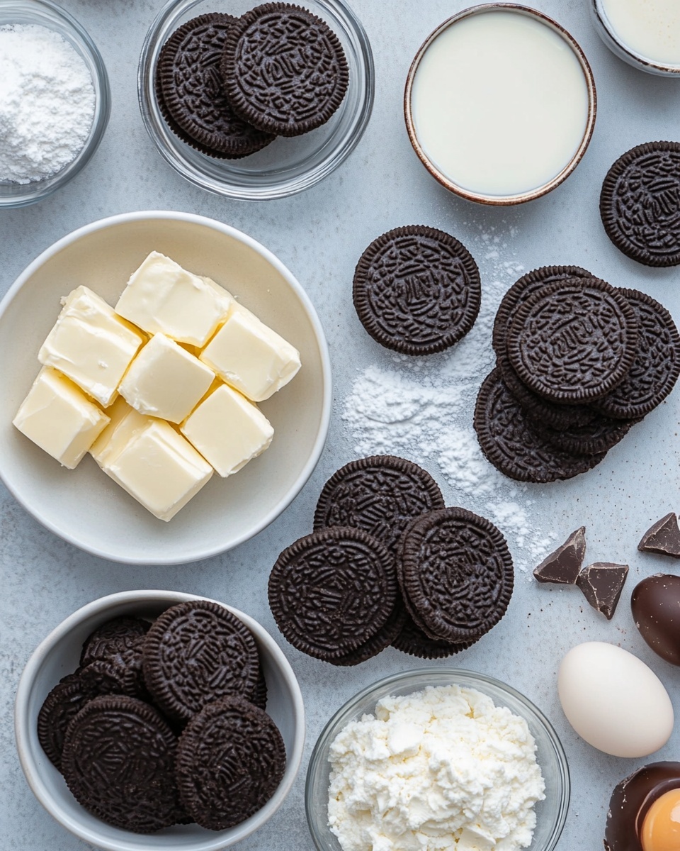 The image shows several ingredients arranged neatly on a white marbled surface. On the top left is a rectangular block of cream-colored butter, next to a single brown egg in the center. To the right of the egg is a stack of six dark brown sandwich cookies with white cream filling. Below the butter and egg are small white round bowls; the left bowl contains a light yellow liquid, the middle bowl has white creamy frosting, and the right bowl is filled with small white and red candy pieces. At the bottom, two more white bowls hold a white powdery substance on the left and pale yellow cubed butter pieces on the right. photo taken with an iphone --ar 4:5 --v 7