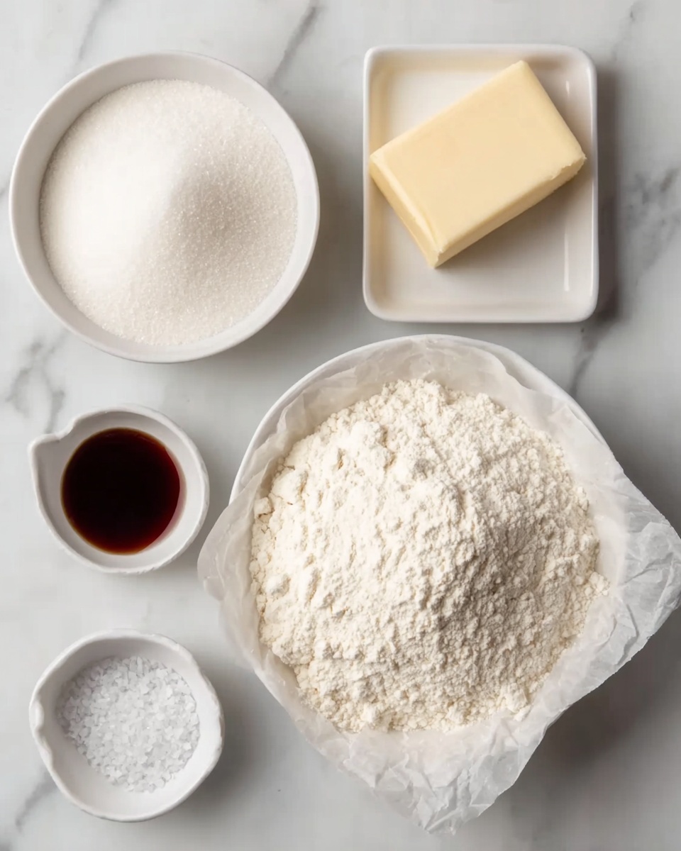 The image shows five white dishes with baking ingredients on a white marbled surface. In the center bottom, there is a large white bowl filled with a heap of fine white flour covered partly by a piece of parchment paper. Above it, slightly to the right, is a rectangular stick of pale yellow butter on a small white dish. To the left of the butter, there is a small white bowl with dark brown vanilla extract. Above that, there is a medium white bowl filled with granulated white sugar. To the right of the butter, there is a small white bowl with coarse white salt crystals. All dishes are arranged neatly, and the textures of the ingredients are clearly visible. photo taken with an iphone --ar 4:5 --v 7