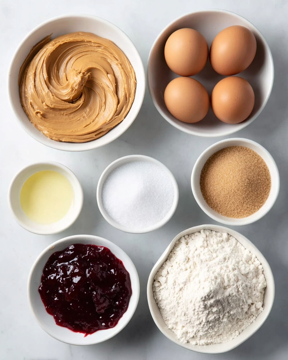 The image shows seven white bowls arranged neatly on a white marbled surface, each containing different baking ingredients. Starting from the top left, there is a bowl filled with smooth, light brown peanut butter that has a swirled texture. To its right, a bowl holds four brown eggs with smooth shells. Below the peanut butter is a small bowl with a clear, pale yellow liquid, likely oil. Next to it, a bowl contains white granulated sugar with a fine texture. To the right, a smaller bowl holds light brown sugar with a slightly coarse texture. Below the oil, a white bowl is filled with dark red jam that looks thick and glossy. Finally, at the bottom right, a larger bowl contains fine white flour, heaped slightly in the center, with a soft and powdery texture. Each ingredient is cleanly presented and clear in the image, photo taken with an iphone --ar 4:5 --v 7