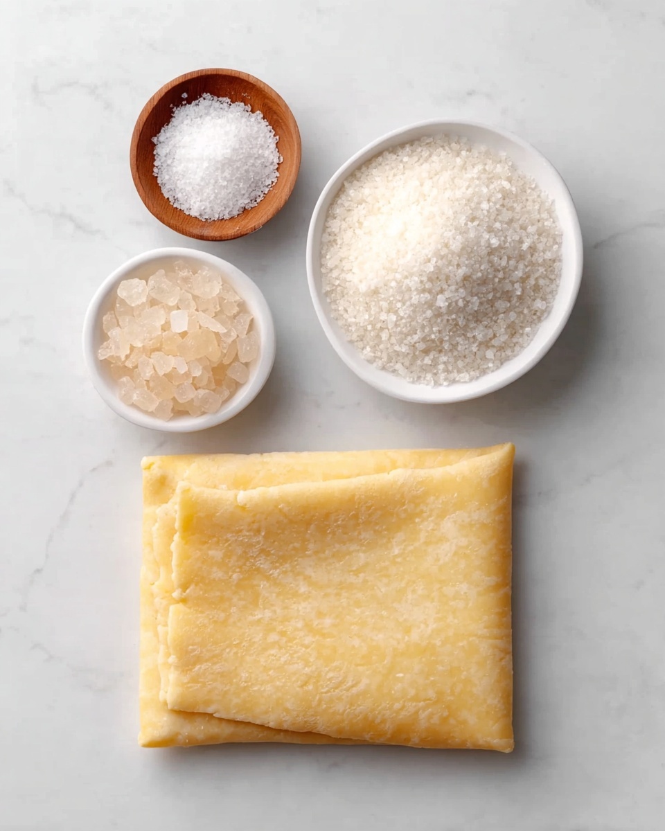 The image shows a folded square sheet of light yellow dough with a slightly rough texture placed at the bottom on a white marbled surface. Above the dough, there are three small bowls arranged in a triangular shape: the largest bowl on the right is white and filled with coarse, light beige crystals; the smaller white bowl on the left below is filled with translucent, chunky crystals; and the smallest wooden bowl on the left top contains fine, white granulated powder. The scene is simple and clean with soft natural light, photo taken with an iphone --ar 4:5 --v 7