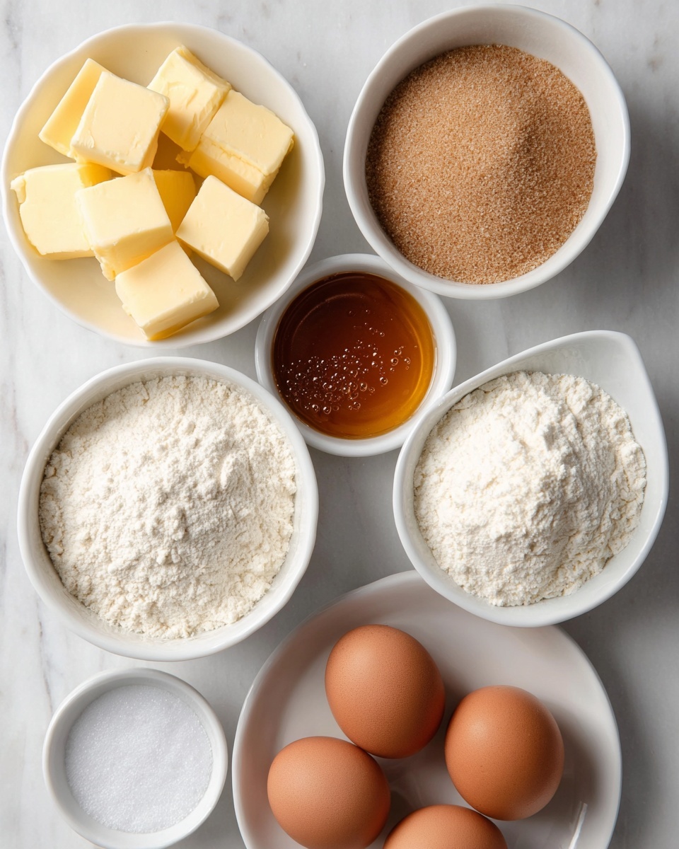 The image shows six small white bowls and one white plate arranged on a white marbled surface. The top left bowl contains light yellow butter cut into square pieces. To its right, there is a bowl filled with light brown sugar with a coarse texture. Below these, a bowl filled with white flour with a fine, powdery texture sits to the left of a bowl with golden brown liquid honey, which has small bubbles on its surface. In the bottom left corner, a small bowl with white granulated sugar is visible. Nearby, a white plate holds three brown eggs with smooth shells. The setup gives a clear view of all ingredients from above. Photo taken with an iphone --ar 4:5 --v 7