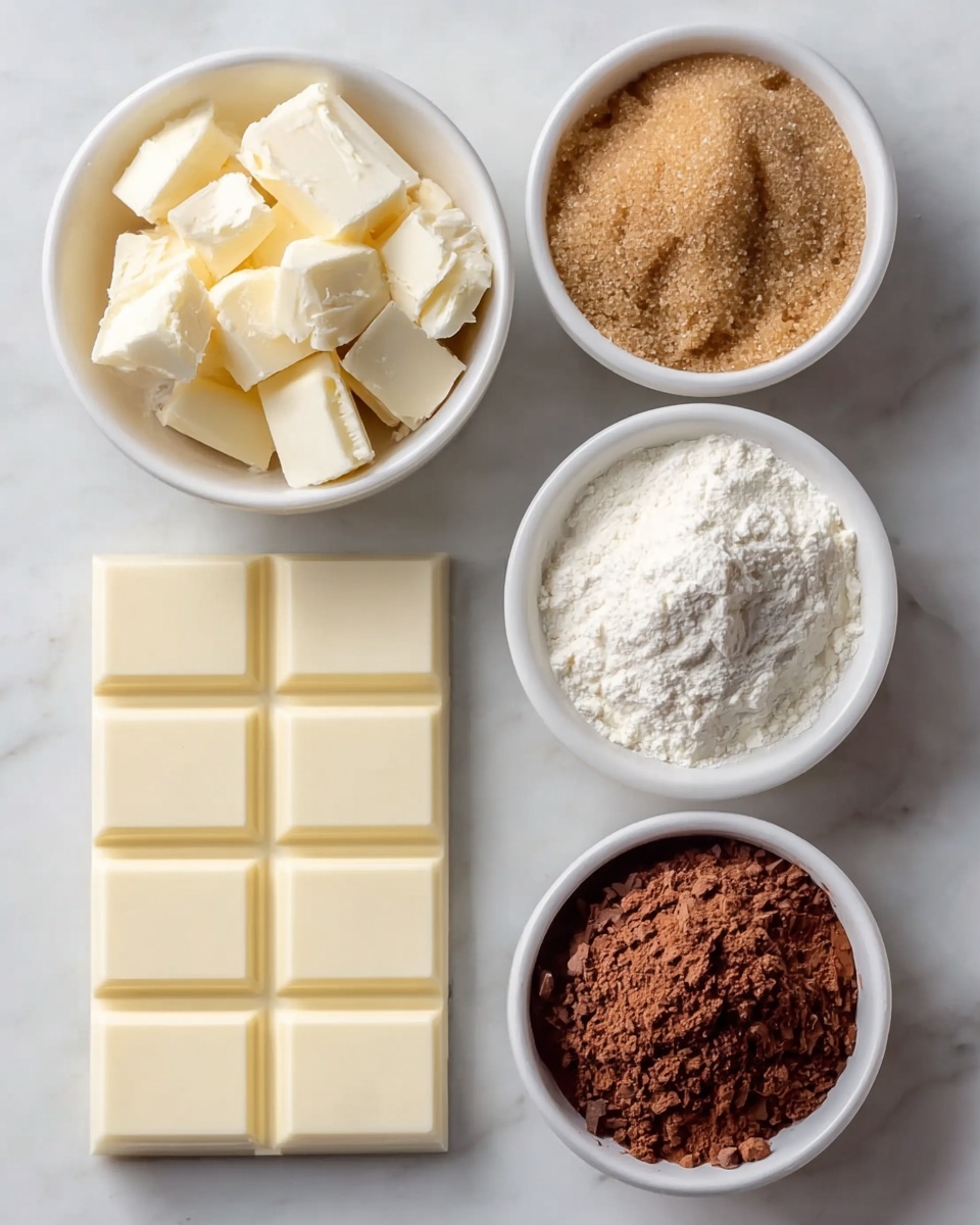 The image shows five white bowls and a white rectangular chocolate bar arranged on a white marbled surface. The top left bowl contains white butter cut into small chunks with a soft, creamy texture. To the top right is a bowl filled with light brown granulated sugar with a coarse texture. In the middle right, a bowl is full of fine white powder resembling powdered sugar or flour, with a smooth mound shape. At the bottom right, there's a bowl with dark brown powder that looks like cocoa powder or brown sugar, with a loose, fine texture. The white chocolate bar at the bottom left consists of two rows of four smooth, square segments with clean edges. photo taken with an iphone --ar 4:5 --v 7
