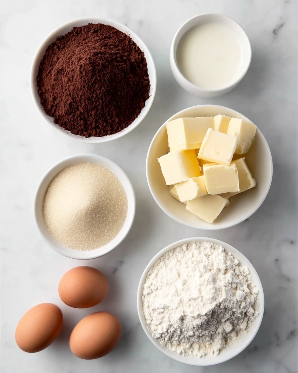 The image shows six separate white bowls and three brown eggs placed on a white marbled surface. The top left bowl is filled with a mound of dark brown cocoa powder, which has a slightly coarse texture. To its right, a smaller bowl holds smooth, white liquid, likely milk or cream. Below the cocoa powder, a bowl contains fine, light beige granulated sugar heaped in a small mound. On the bottom right, a bowl filled with white all-purpose flour forms another soft mound with a slightly powdery texture. To the right of the sugar, another bowl holds several chunks of pale yellow butter, cut into rough cubes. Three whole brown eggs with smooth shells are positioned at the bottom left, separate from the bowls. The setup is clean, evenly spaced, and arranged neatly, all on a white marbled background. Photo taken with an iphone --ar 4:5 --v 7