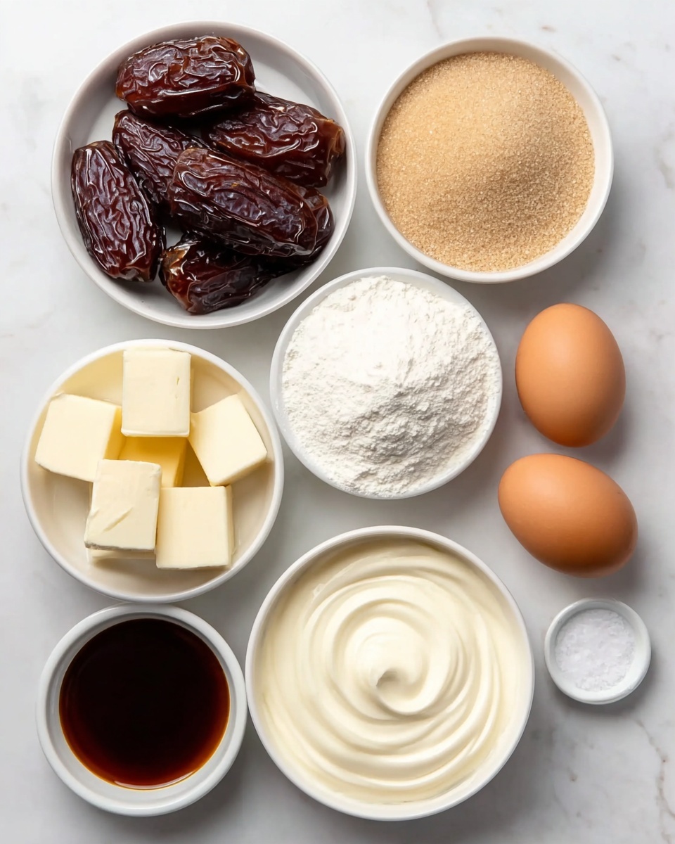 The image shows seven ingredients neatly arranged on a white marbled surface. At the top left, there is a white bowl filled with five large, dark brown dates with wrinkled textures. To the right, another white bowl contains light brown granulated sugar. In the center, a larger white bowl is filled with fine white flour forming a small mound. Below the flour, a white bowl holds several thick, pale yellow cubes of butter. To the right of the butter, a white bowl contains smooth, creamy white yogurt or sour cream with a soft swirl on top. Above the yogurt bowl is a small white bowl filled with a dark brown, thick liquid, likely vanilla extract. Between the flour bowl and dates, there are two whole light brown eggs placed side by side. Finally, near the dark liquid bowl, there is a tiny white bowl filled with fine white salt. The ingredients are evenly spaced and well-lit. photo taken with an iphone --ar 4:5 --v 7