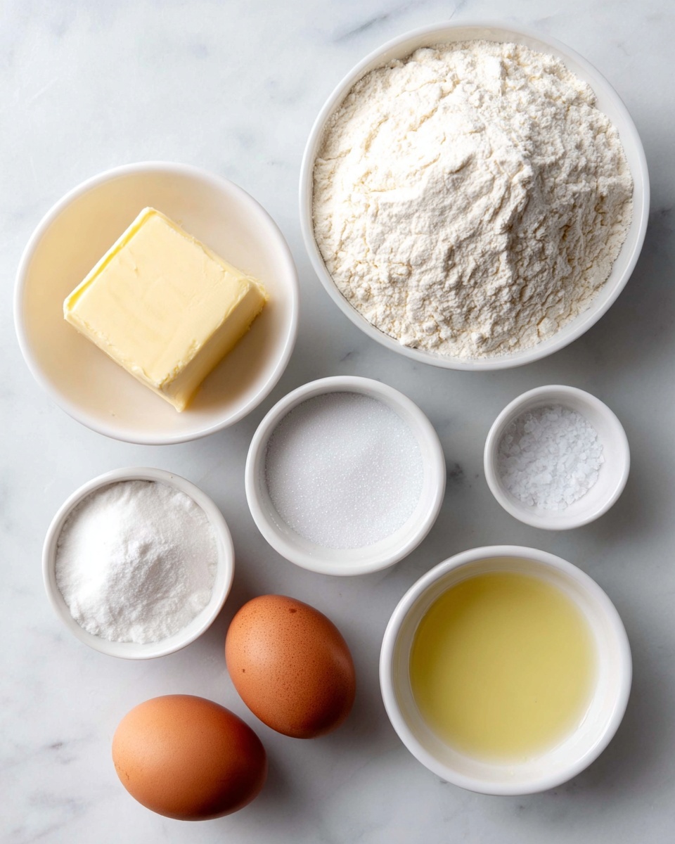 The image shows six small white bowls and two whole brown eggs arranged on a white marbled surface. One bowl contains a square block of pale yellow butter, another is filled with a heap of white flour with a soft, powdery texture. There is a bowl with fine white sugar, another with coarse salt, and one with a light yellow liquid, possibly oil or vinegar. The two brown eggs lie next to the bowls, adding an earthy tone to the setup. The composition is simple and neat with a clean look. photo taken with an iphone --ar 4:5 --v 7