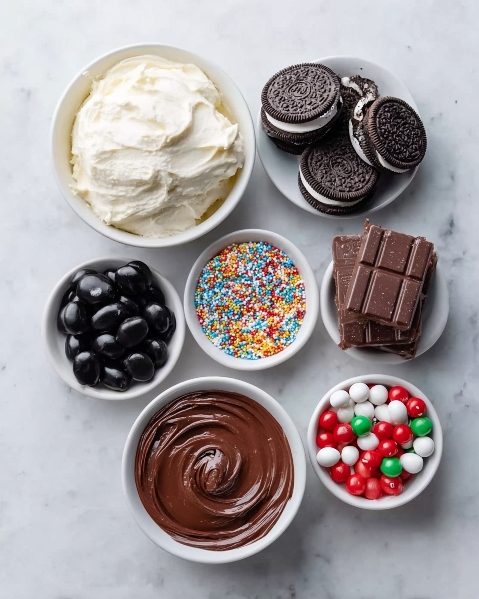 The image shows seven white bowls on a white marbled surface. The largest bowl in the top left contains a thick, creamy white mixture with soft peaks. To the right, there are five dark chocolate sandwich cookies with white filling stacked loosely together. Below the creamy bowl is a smaller bowl filled with tiny, colorful round sprinkles in red, yellow, blue, and white. Next to the sprinkles, a bowl holds shiny black oval candies. Below the black candies is a bowl filled with smooth, glossy chocolate spread with gentle swirls. To the right of the chocolate spread, a bowl contains several pieces of solid milk chocolate bars stacked unevenly. The smallest bowl near the bottom right is filled with red, white, and green round candies. photo taken with an iphone --ar 4:5 --v 7