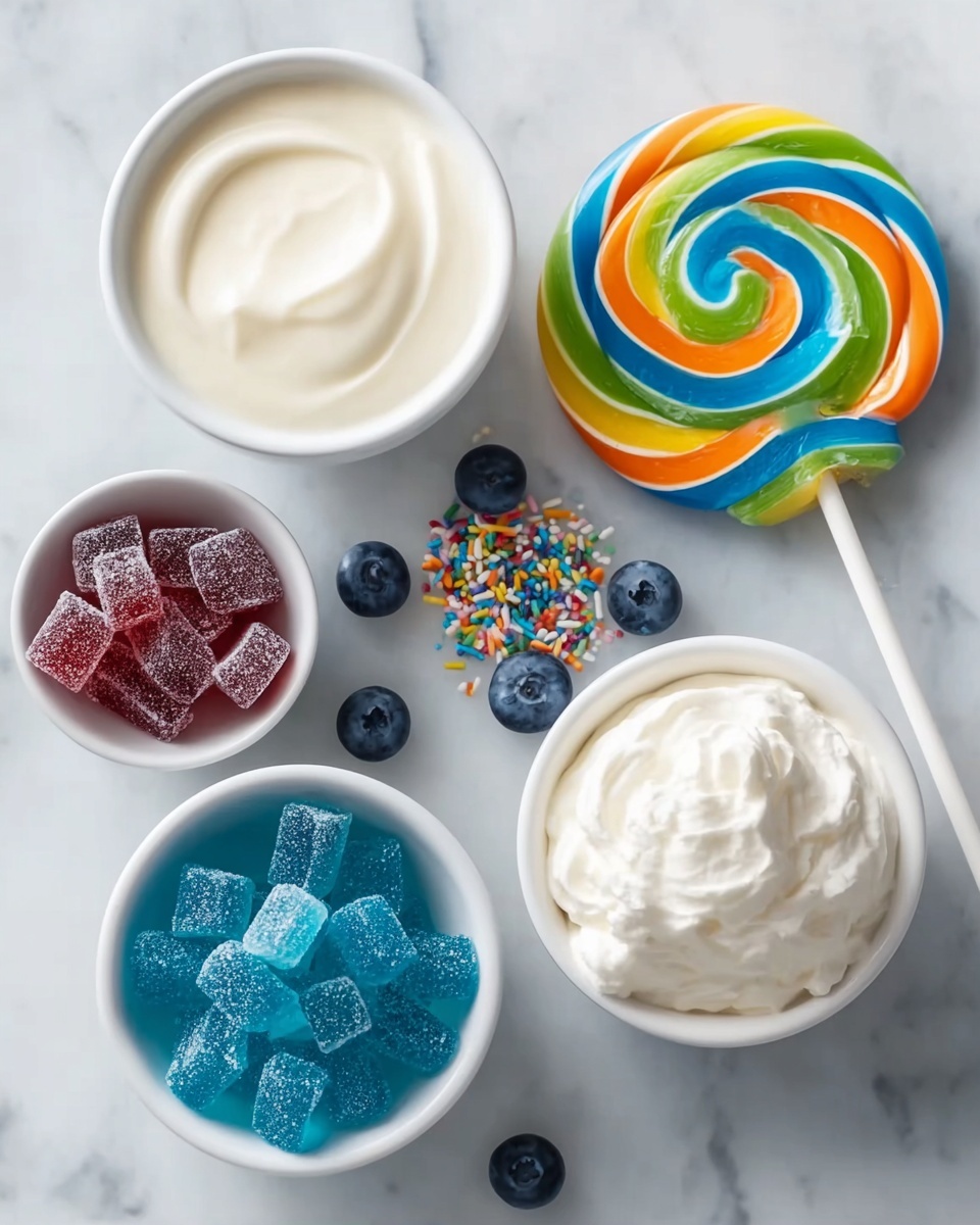 The image shows five white bowls and some loose blueberries and colorful sprinkles on a white marbled surface. The top left bowl holds a smooth, creamy white substance. Next to it on the right is a large, round, swirled lollipop with green, yellow, blue, orange, and red colors on a white stick. Below the lollipop is a bowl filled with bright blue, sugar-coated gummy cubes. To the left is a bowl of dark red, sugar-coated gummy cubes. At the bottom right, a bowl contains fluffy whipped cream with soft peaks. The blueberries and sprinkles are placed casually between the bowls. Photo taken with an iphone --ar 4:5 --v 7