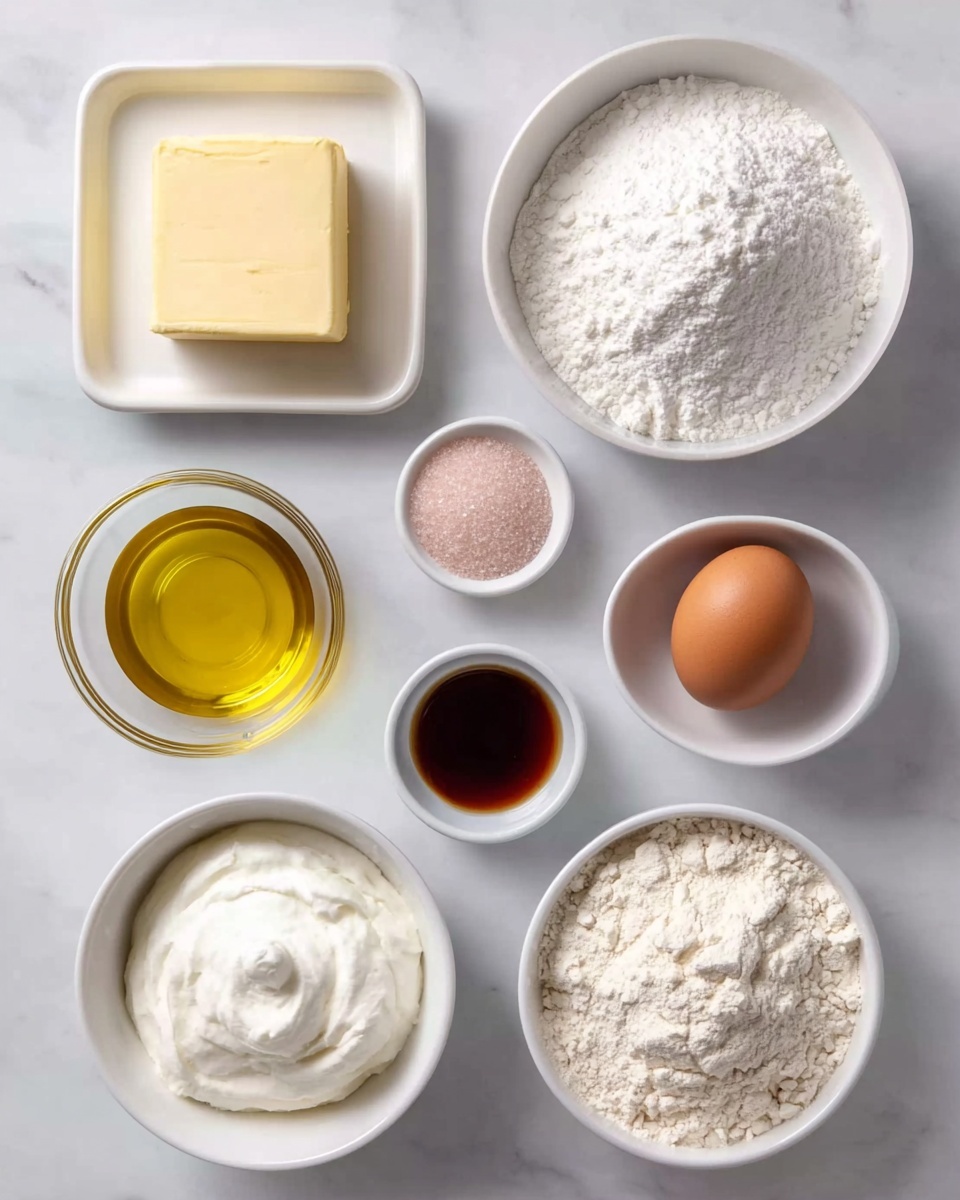 The image shows eight ingredients arranged neatly on a white marbled surface. Starting from the top left, there is a square block of pale yellow butter on a small white square dish. Next to it, on the right, is a white bowl filled with white powder, likely baking powder or cornstarch. Below the butter is a small white bowl holding granulated light pink sugar. Directly below this is a small glass bowl filled with golden-yellow oil. To the right of the oil, a small white bowl contains dark brown liquid, likely vanilla extract. Beneath the vanilla, a white bowl holds a heap of white flour. On the same level but to the right is a small white oval dish holding a single brown egg. Between the oil and the egg, there is a small clear glass bowl with white granules, likely salt. Lastly, in the bottom left corner, a white bowl is filled with a thick, white creamy substance, possibly sour cream or yogurt. All items are evenly spaced, clearly showing the texture and color of each ingredient photo taken with an iphone --ar 4:5 --v 7