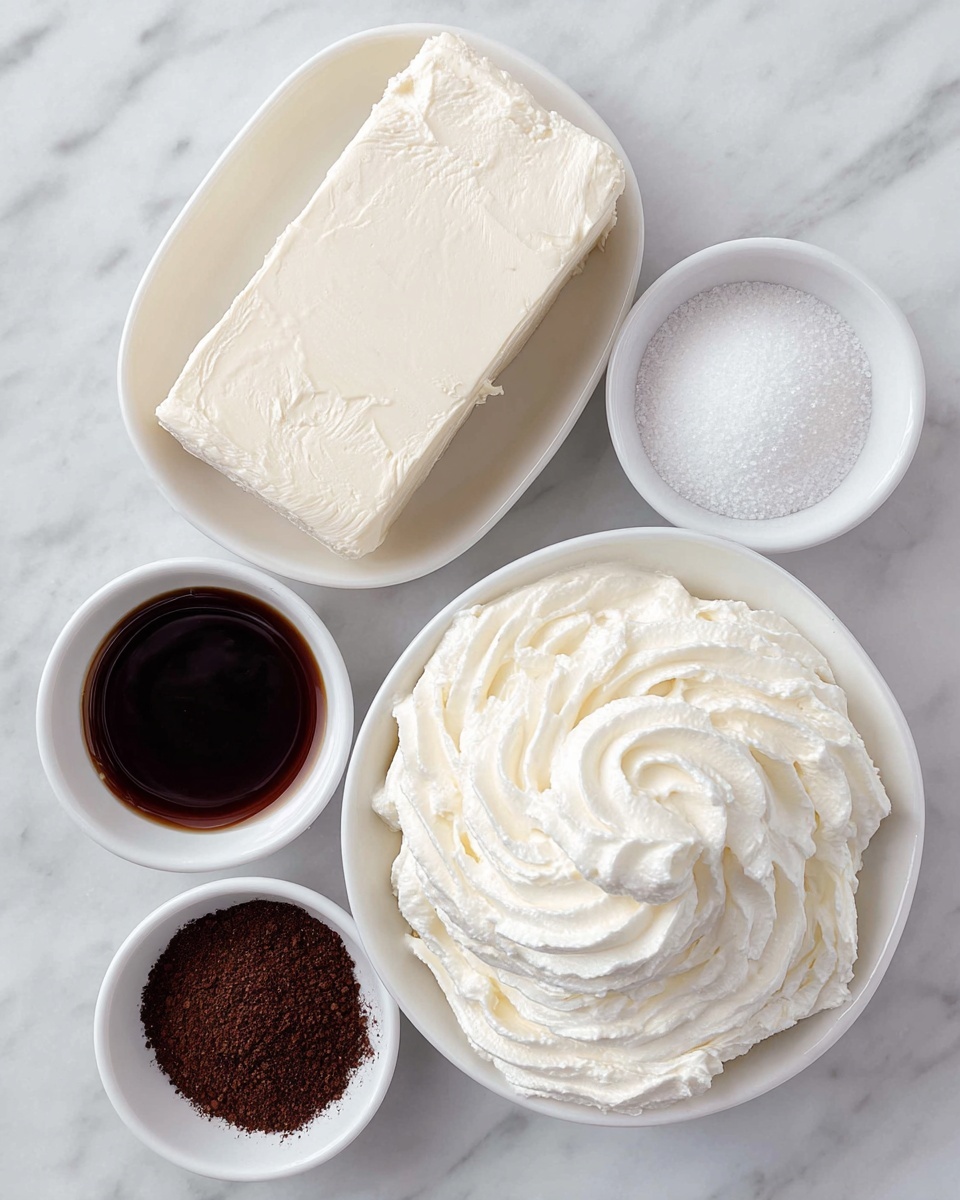 The image shows five small white bowls and a block of cream cheese arranged on a white marble surface. The largest bowl at the bottom center holds a generous swirl of whipped cream, fluffy and bright white in texture. Above it, a thick rectangular block of cream cheese is positioned on the left side, smooth and pale cream in color. To the right of the cream cheese are two small white bowls, the top one filled with granulated white sugar, and the one below it containing dark brown vanilla extract with a shiny surface. At the bottom left, there is another small white bowl filled with a dark brown powder, possibly cocoa powder or cinnamon. photo taken with an iphone --ar 4:5 --v 7