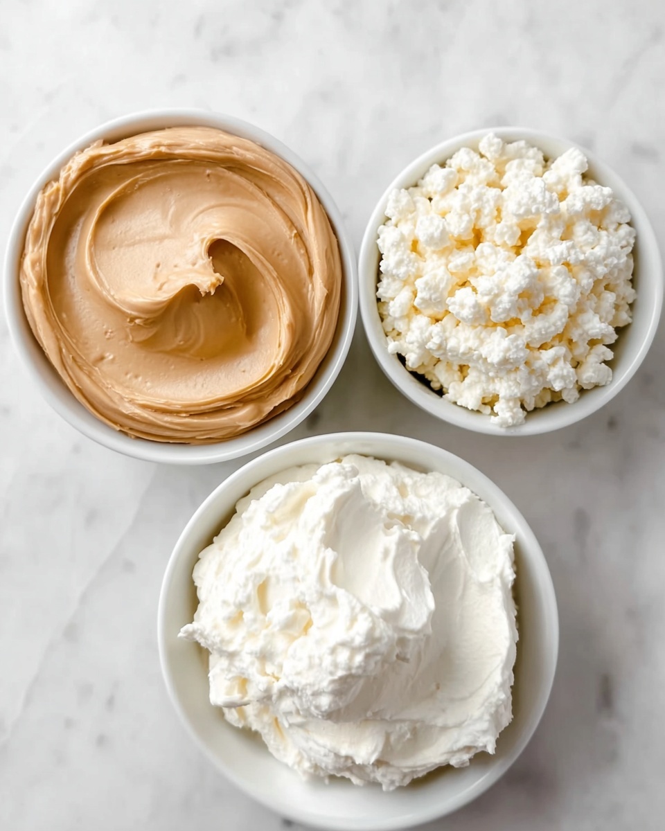 Three white bowls are neatly placed on a white marbled surface. The bowl at the bottom holds a thick, fluffy white spread with soft peaks and creamy texture. The bowl on the left contains a smooth, light brown spread with gentle swirls on top, showing a creamy and dense consistency. The bowl on the right is filled with small, white, grainy curds that look soft and crumbly. Each bowl's contents have distinct textures and shades but share a neutral, light color palette. photo taken with an iphone --ar 4:5 --v 7