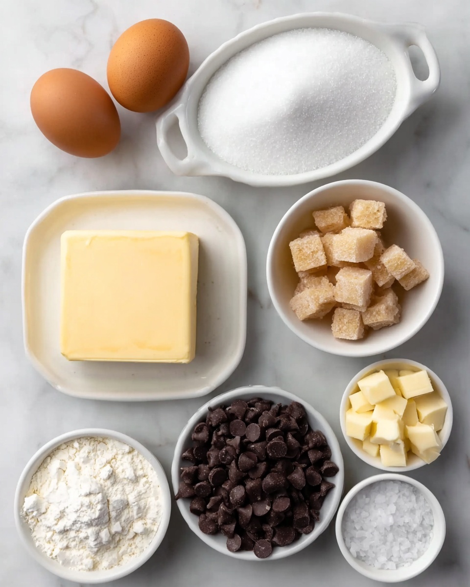 The image shows a top view of several ingredients arranged neatly on a white marbled surface. There are two brown eggs placed on the left side near the top, followed by a small white bowl filled with white granulated sugar above a larger white dish holding a solid block of pale yellow butter. To the right, there is a small white bowl with light brown sugar cubes, below it a white bowl filled with dark chocolate chips, and next to it a tiny white bowl containing small pale yellow butter cubes. At the bottom left is a small white bowl filled with white flour, and to its right is a small white bowl containing coarse white salt crystals. Everything is neatly organized and each ingredient is clearly visible. Photo taken with an iphone --ar 4:5 --v 7