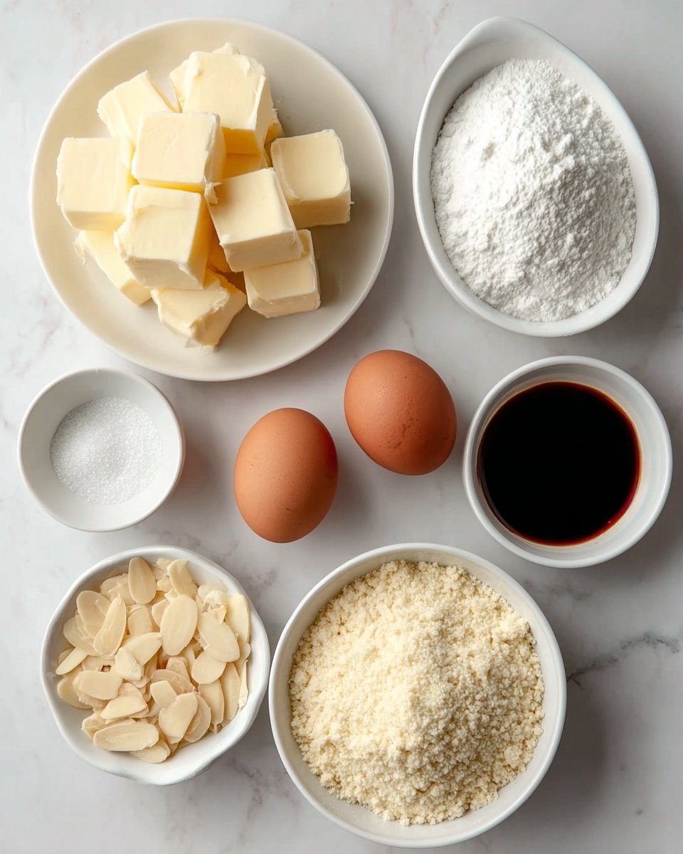 The image shows a white marbled surface with ingredients neatly arranged. On the top left is a white plate full of about twelve light yellow cubes of butter stacked unevenly. To the right of it is a white oval bowl filled with fine white sugar. Below the butter plate, there are three brown eggs placed with some space between them. To the right of the eggs, a white round bowl is filled with a heap of light beige almond flour with a soft, grainy texture. Below the almond flour, there is a white small round bowl filled with pale cream-colored sliced almonds. To the left of the sliced almonds, there are two small white round bowls; the top one has fine white granulated sugar, and the bottom one has a dark brown thick liquid, likely vanilla extract. The overall photo is bright and clear, photo taken with an iphone --ar 4:5 --v 7