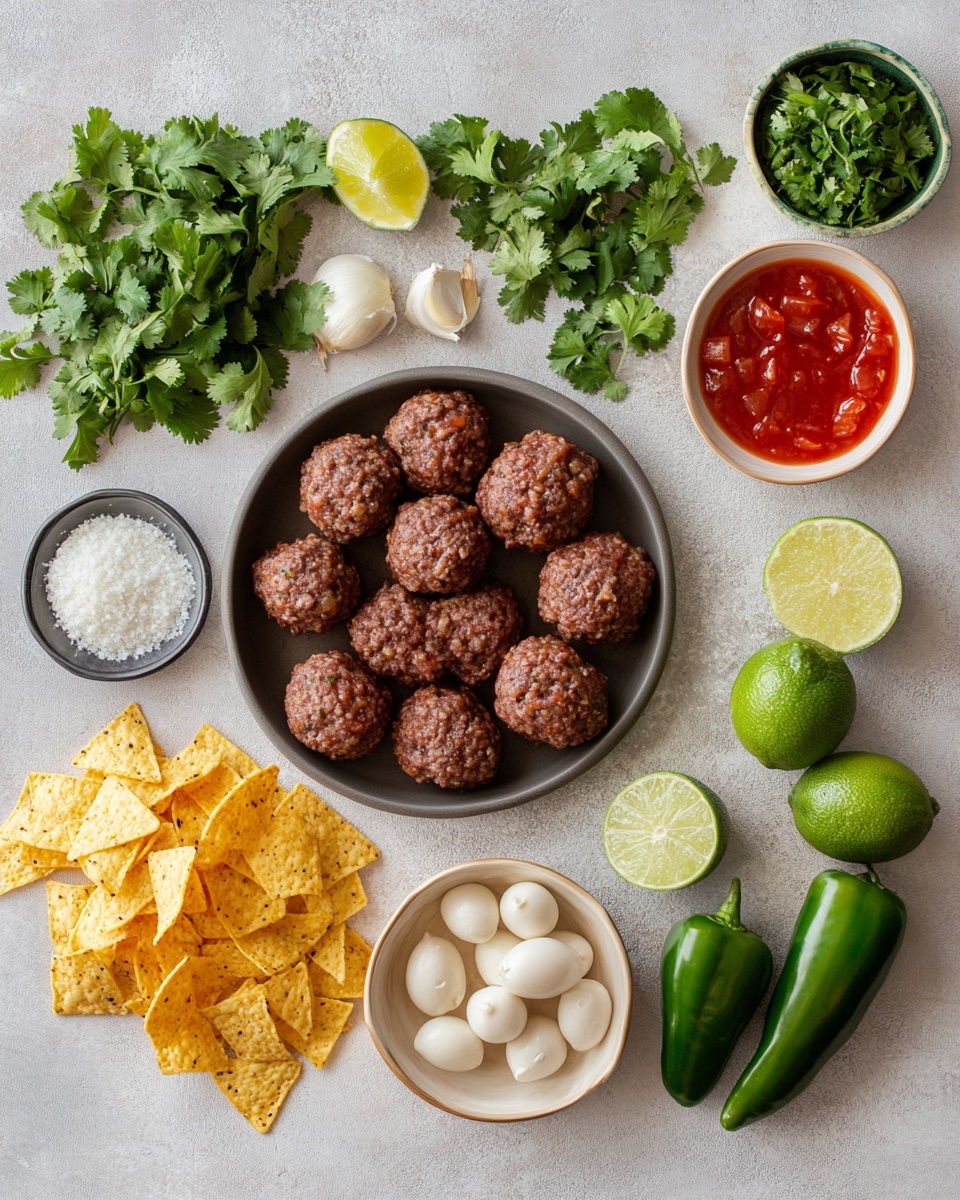 Seven round meatballs with melted orange cheese on top are arranged on a white plate over a white marbled surface. Each meatball is topped with a slice of red chili and a bright green cilantro leaf. Around the meatballs, there are several wedges of fresh green lime and small pieces of chopped purple onion. The meatballs have a browned, crispy outer layer with some glossy spots from the melted cheese. photo taken with an iphone --ar 4:5 --v 7