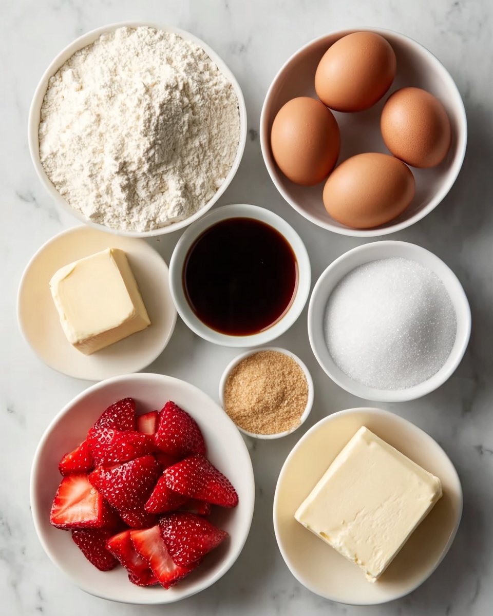 Seven small white bowls sit on a white marbled background, each with a different ingredient. The top left bowl is full of white flour with a soft, powdery texture. To its right, a bowl holds four brown eggs with smooth shells. Below the flour, a bowl contains bright red, cut strawberries showing juicy, fresh pieces. In the middle, a small bowl holds dark brown vanilla extract with a shiny, liquid surface. To its right is a bowl filled with white sugar, fine and granulated. Below the strawberries, a white bowl has a small amount of light brown sugar with a grainy texture. Next to it, a white bowl contains creamy butter shaped in a neat block showing smooth and soft texture. The last bowl, bottom right, holds white powdered milk with a light and fluffy look. Photo taken with an iphone --ar 4:5 --v 7