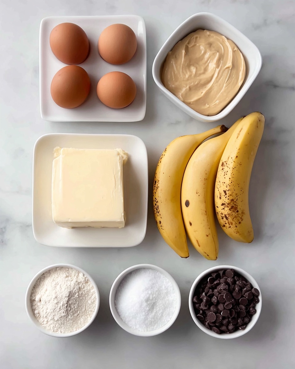The image shows eight ingredients placed neatly on a white marbled surface. Starting from the top left, there are three brown eggs grouped closely together. To the right of the eggs, there's a white square bowl filled with a light tan, smooth creamy paste. Below the eggs are two yellow bananas with small dark spots, resting close together. Below the paste is a white rectangular dish containing a solid, pale yellow block of butter sitting in some melted butter. Surrounding these main ingredients are smaller white round bowls: one at bottom left filled nearly to the top with white flour, another at bottom right filled with dark brown chocolate chips, and two small bowls in the center containing white granular sugar and white powdered baking soda or salt. The ingredients are arranged in a clean, orderly manner with no overlap, and the photo is taken with an iphone --ar 4:5 --v 7