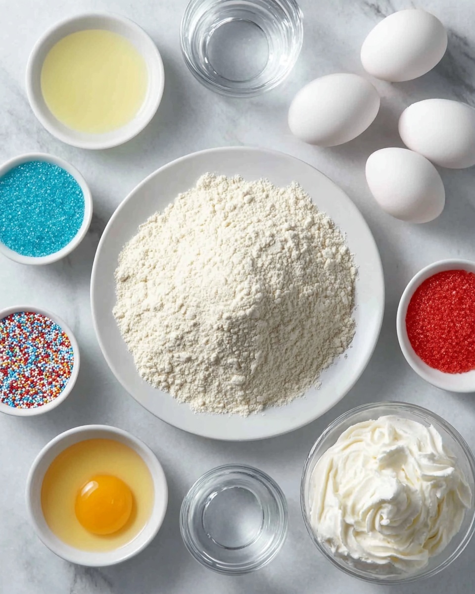 The image shows a white plate filled with a large mound of pale flour in the center. Surrounding the plate are small white bowls arranged around it, each holding a different ingredient: one bowl has bright blue sugar crystals, another has red sugar crystals, and a third contains colorful round sprinkles. There are two bowls with clear liquids placed near the top left and left side, with one lighter yellow liquid and the other a slightly deeper yellow. Near the bottom right is a bowl filled with fluffy white whipped cream. Two white eggs are placed on the white marbled surface near the top right and left of the plate, and a clear small bowl with water is also visible at the top. The overall setup is neat and clean with a soft natural light. photo taken with an iphone --ar 4:5 --v 7