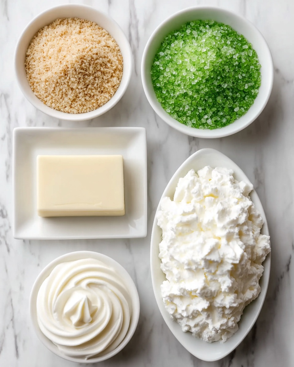 The image shows an overhead view of five white dishes arranged on a white marbled texture. The top left bowl contains light brown crumbs with a coarse texture. To its right, there is a bowl filled with bright green coarse sugar crystals. Below the crumbs, a small square white plate holds a smooth, pale yellow rectangular block. Below the green sugar, an oval white dish is piled high with fluffy white whipped cream that has a textured, cloud-like appearance. At the bottom left, a round white bowl is filled with a swirl of soft, smooth white whipped cream. The photo was taken with an iphone --ar 4:5 --v 7
