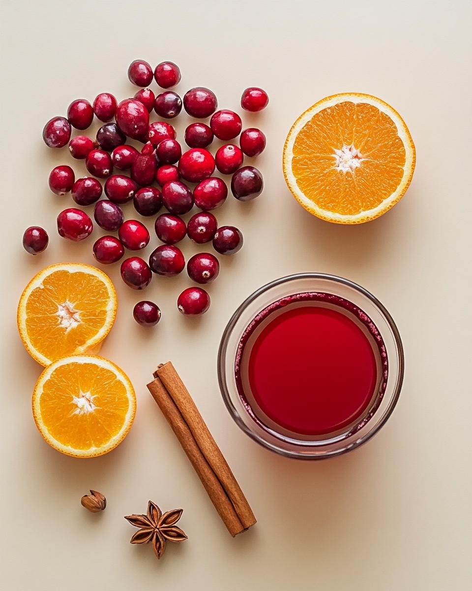 A clear glass filled with a deep red drink, layered with whole bright red cranberries on top, and a dark red liquid below with visible bubbles. Around the rim of the glass is a coating of sugar crystals that sparkle. A small green sprig of rosemary is placed upright on one side among the cranberries. Next to the glass are two thin lemon slices showing their pale yellow color. The background shows soft yellow bokeh lights with elements of green pine branches on a white marbled surface photo taken with an iphone --ar 4:5 --v 7