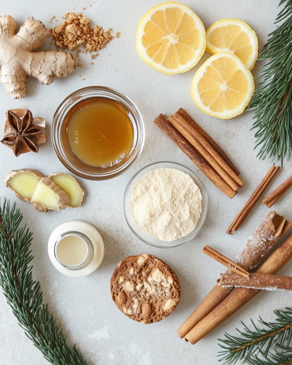 A round glass filled with two layers: the bottom layer is a light caramel brown, and the top layer is creamy white foam dusted with cinnamon powder. The rim of the glass is coated with sugar and cinnamon mix. On top of the foam, a small cinnamon stick sits partially submerged, and a gingerbread man cookie decorated with white icing rests on the glass rim. The glass sits on a shiny gold snowflake ornament, placed on a surface covered with small white pebbles, with more gingerbread cookies and soft warm fairy lights blurred in the background, all set against a white marbled texture. Photo taken with an iphone --ar 4:5 --v 7