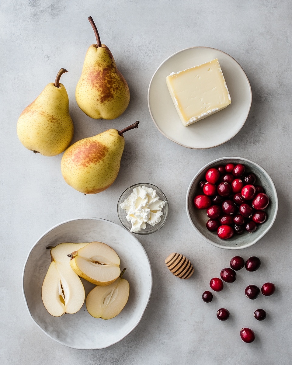 Two halves of a cooked pear with golden yellow skin and small brown spots sit on a white plate placed on a white marbled surface. Each pear half holds a dollop of creamy white cheese in the center, topped with deep red cranberries and small bits of crumbly reddish-brown garnish. A fresh green rosemary sprig stands upright in the cheese on each pear half. The pears are covered with a shiny glaze that reflects light, pooling slightly around the base on the plate. In the background, a few scattered cranberries add color contrast with their vibrant red. Photo taken with an iphone --ar 4:5 --v 7