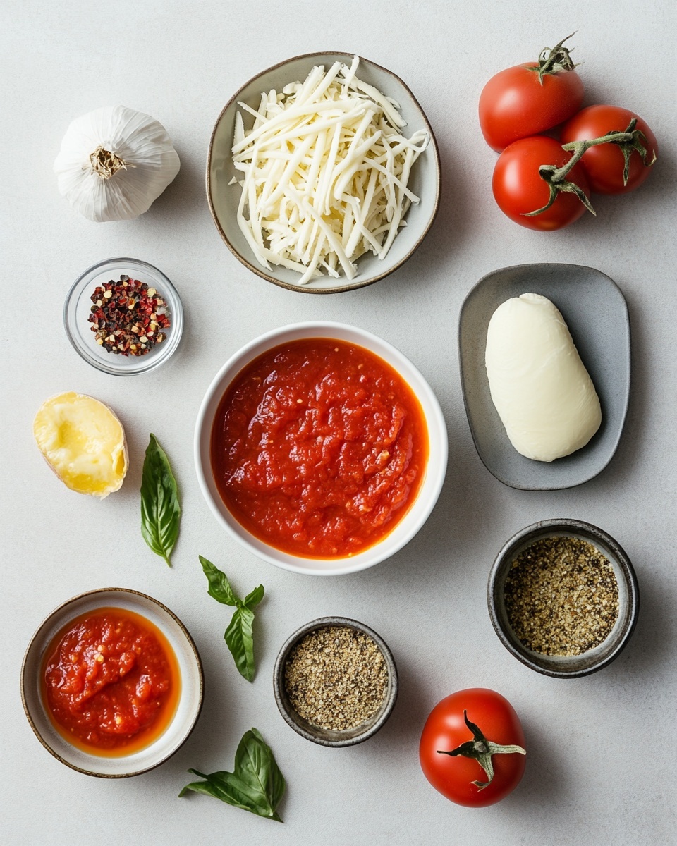The image shows four twisted breadsticks on a metal baking tray. Each breadstick has three layers: a golden-brown baked dough base, a bright red tomato sauce layer twisted around it, and creamy white melted cheese wrapped in stripes over the sauce. Small green herb leaves are sprinkled on top, adding a fresh touch. Drops of oil shine on the tray and breadsticks, giving a glossy look. The background is a white marbled texture. photo taken with an iphone --ar 4:5 --v 7