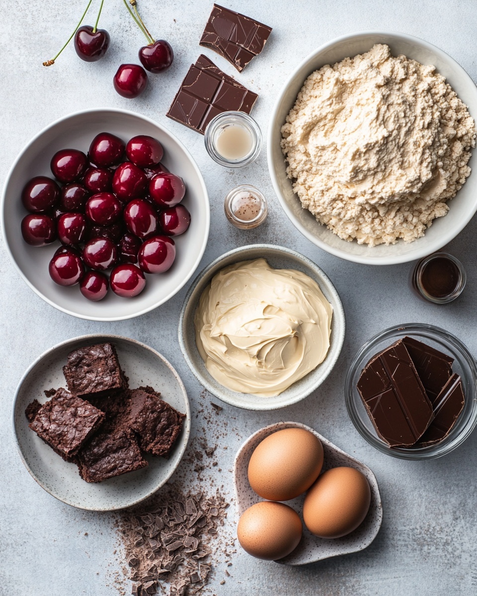 The image shows a white plate filled with smooth, round chocolate balls that have a shiny brown surface. One chocolate ball is broken open in the center, revealing a dark, moist chocolate layer inside and a bright red cherry in the middle. The chocolate balls are tightly placed, creating a small stack with the broken one on top. A red cherry can be seen slightly out of focus in the top left corner on the white marbled surface. The photo taken with an iphone --ar 4:5 --v 7