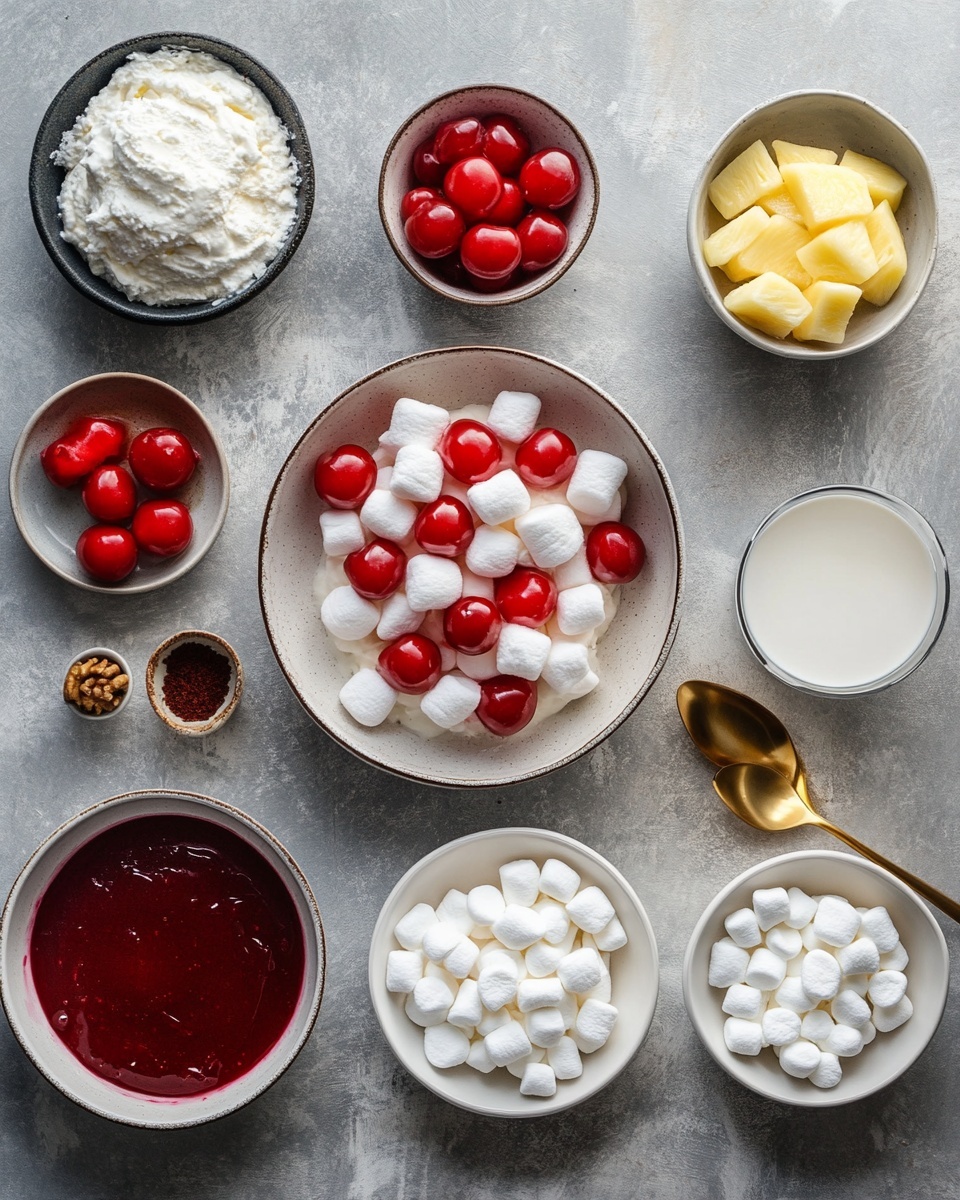 A small white bowl filled with a fluffy pink dessert that looks creamy and light. The dessert has small white marshmallows mixed inside and is topped with a shiny bright red cherry with a long stem in the center. Behind this bowl, there is a large clear glass bowl filled with more of the same pink dessert with white marshmallows, and in front to the right, a white ramekin is full of fresh red cherries with green stems. The scene is set on a white marbled surface with soft lighting highlighting the colors and textures. Photo taken with an iphone --ar 4:5 --v 7