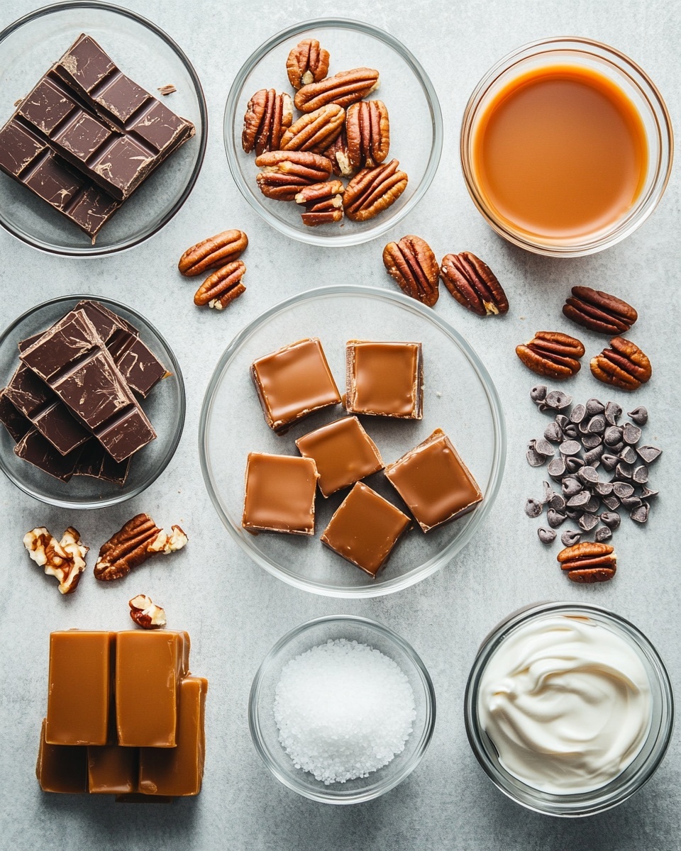 The image shows several square pieces of a layered dessert on a white marbled surface. Each piece has three layers: a bottom layer of dark chocolate mixed with small nut pieces, a middle layer of golden caramel, and a top layer of smooth dark chocolate with nut pieces sprinkled on it. The top layer has a slightly textured, shiny surface. One piece in the center has a bite taken out, revealing the gooey caramel between the chocolate layers. Around the squares, there are some whole and chopped pecans and a soft caramel candy. Photo taken with an iphone --ar 4:5 --v 7