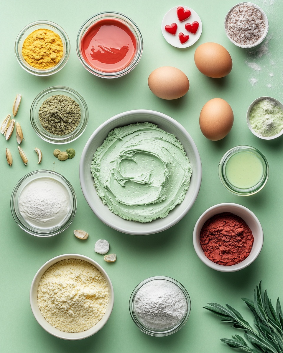 The image shows slices of green cake with a red heart shape in the middle, placed on a white plate. There are three slices stacked slightly on top of each other, covered with white frosting around the edges and green drizzle on top. The cake sits on a wooden board to the upper left, also decorated with white frosting and green icing stripes. The background is a white marbled surface with some Christmas decorations in green and gold, and a plaid cloth in the lower left corner. A fork is placed to the right of the plate. Photo taken with an iphone --ar 4:5 --v 7