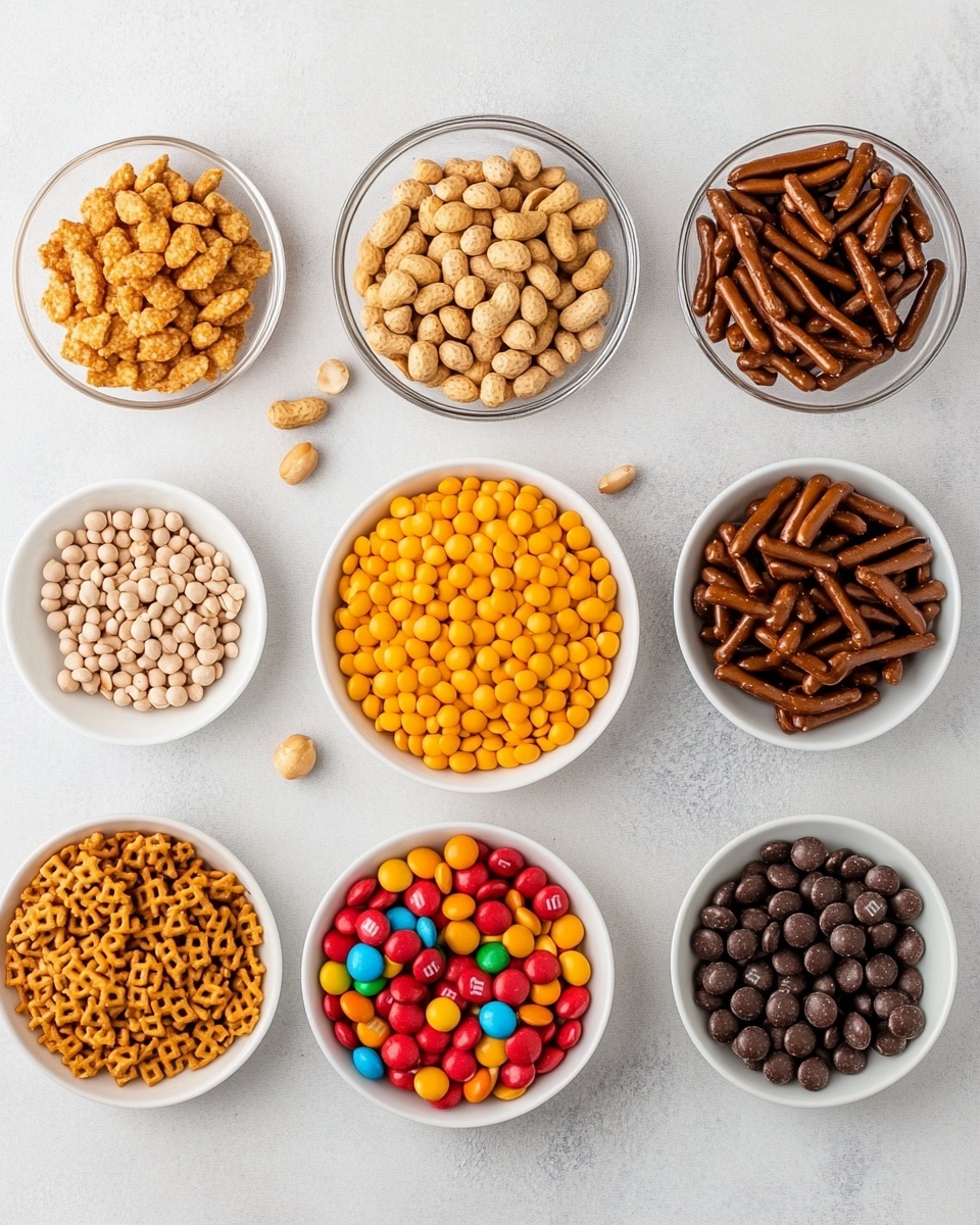 A white bowl filled with a mix of small pretzels, colorful candy-coated chocolates in red, green, blue, yellow, and brown, light tan cereal squares, and round cereal pieces, all coated in a shiny white frosting that holds them together. There are three white bowls in the image, each overflowing with the same snack mix. Scattered around the bowls on a white marbled surface are loose pretzels, peanuts, cereal pieces, and candy-coated chocolates. A small glass bowl filled with more colorful candy-coated chocolates sits to the right in the background. The whole scene is bright with soft lighting, emphasizing the colorful and textured snack mix. Photo taken with an iphone --ar 4:5 --v 7