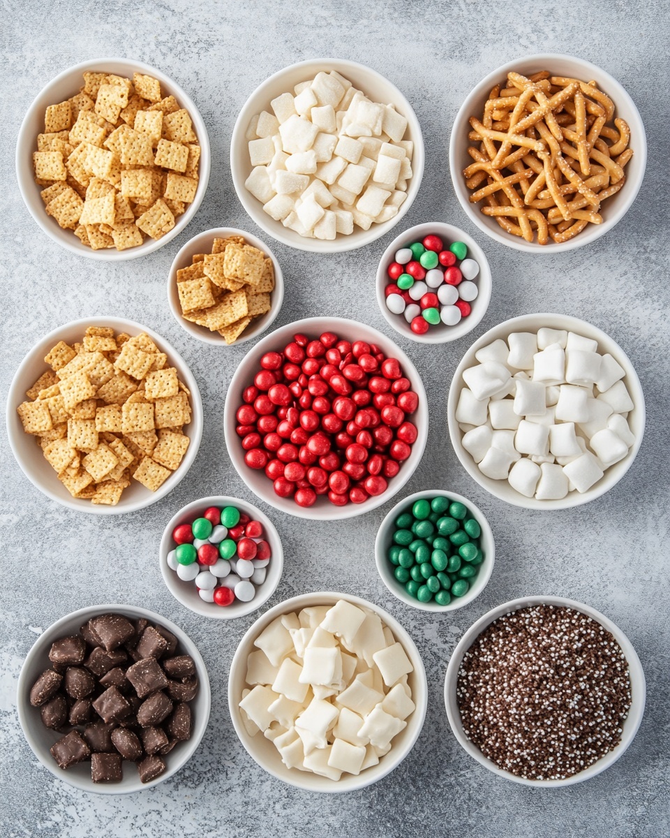 A large silver tray lined with white paper holds a mix of small cereal pieces in light tan and golden colors, scattered evenly with red and green round candies, and tiny red and green sprinkles. There are also small clusters that look sticky and white, binding some of the cereal and candies together, adding a rough textured layer on top of the smooth cereal. The tray is placed on a white marbled surface photo taken with an iphone --ar 4:5 --v 7